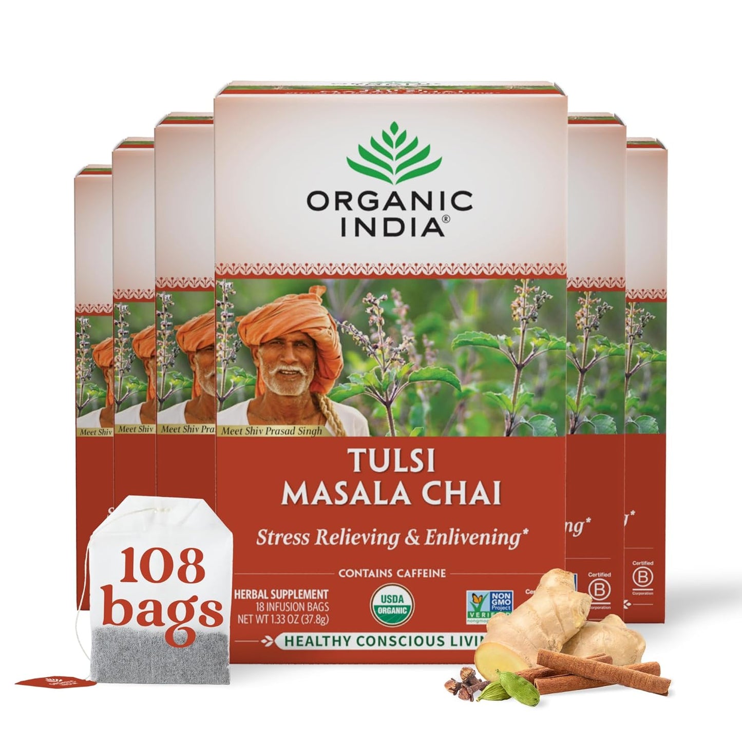 Tulsi Original Herbal Tea - Holy Basil and African Basil Calming and Stress Relief Tea, Immune Support, USDA Certified Organic, Non-Gmo, Caffeine-Free - 18 Infusion Bags, 6 Pack TLBH
