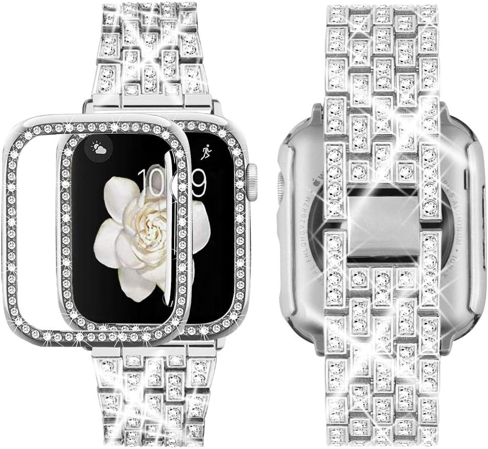 Compatible with Apple Watch Band 38Mm 40Mm 41Mm 42Mm 44Mm 45Mm 49Mm+ Case, Women Jewelry Bling Diamond Rhinestone Replacement Metal Strap& 2 Pack PC Protector Case for Iwatch Ultra 2/ Ultra Series 9/8/7/6/5/4/3/2/1/SE