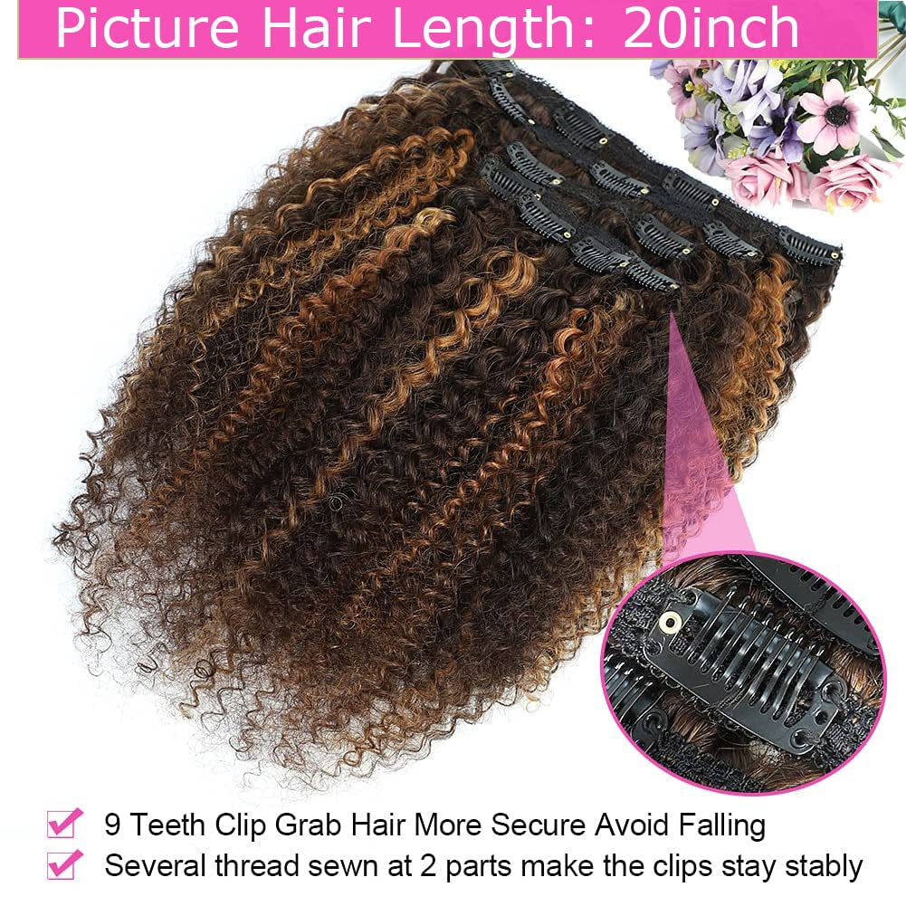 4/30 Kinky Curly 10 Inch 3C 4A Clip in Hair Extensions for Black Women Chocolate Brown Mix Medium Auburn Curly Hair Extensions Clip Ins 10Pcs/Set Full Head 10A Grade