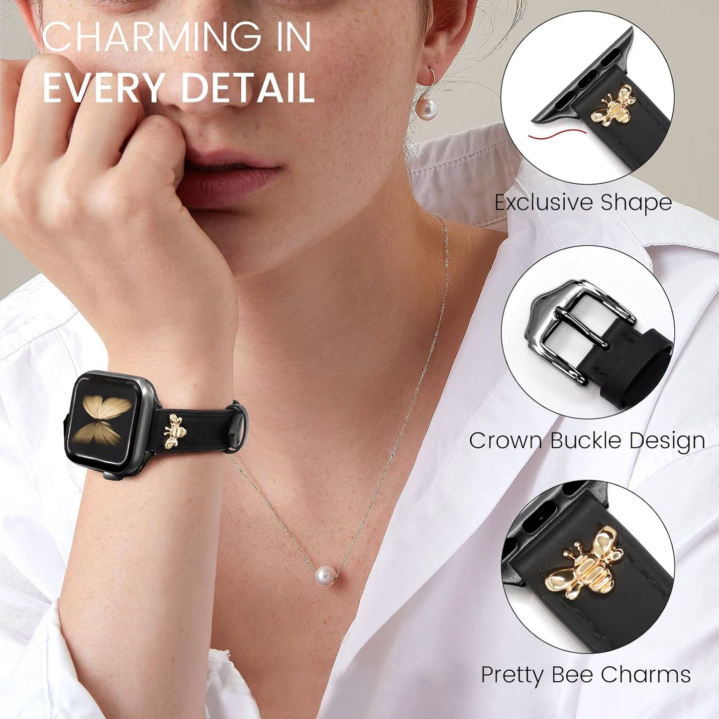 Slim Leather-Bands Compatible with Apple Watch Band 38Mm 40Mm 41Mm 42Mm 44Mm 45Mm 49Mm, Top Genuine Leather Band with Charms, Feminine Design for Iwatch Ultra SE & Series 9 8 7 6 5 4 3 2 1