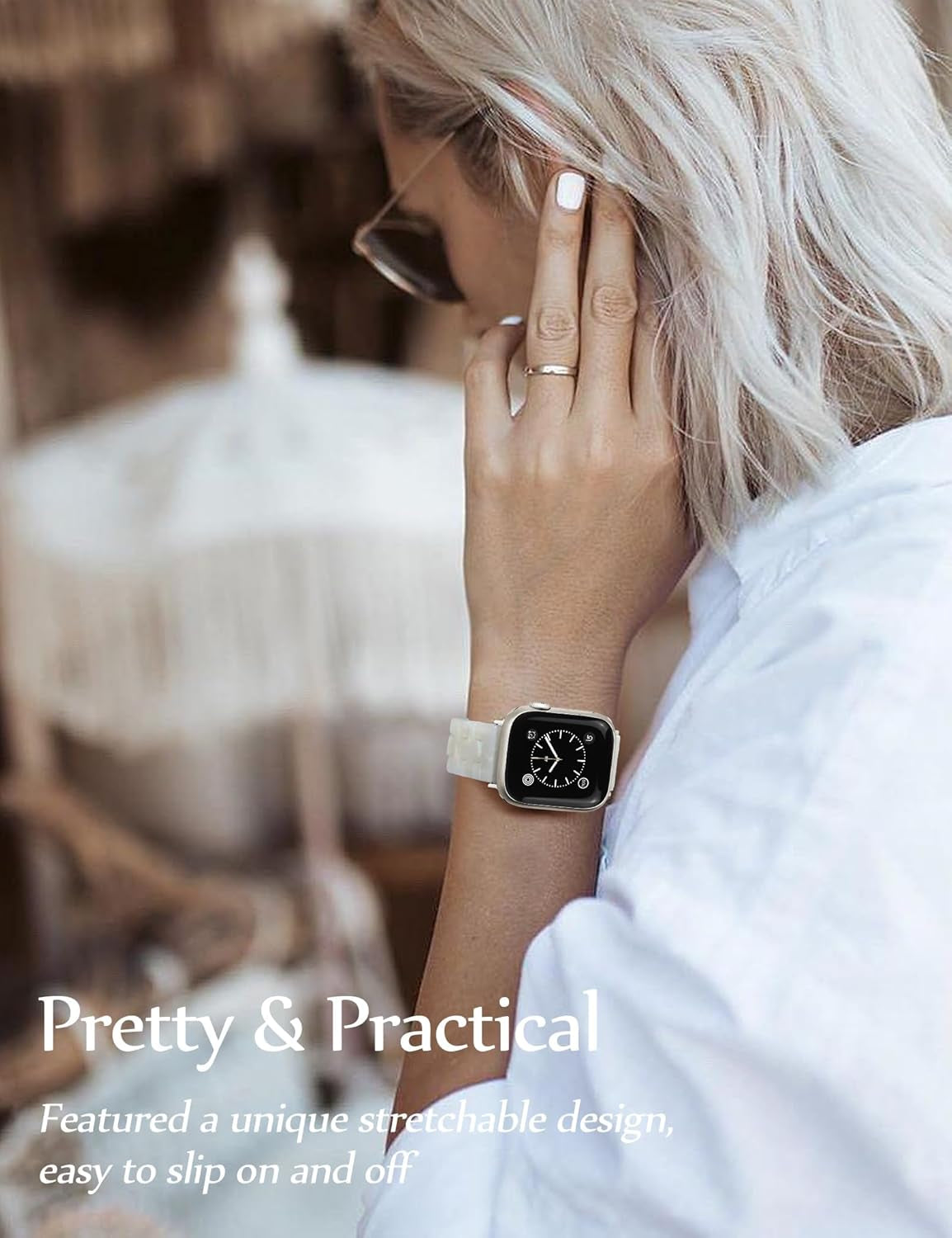 Slim Leather-Bands Resin Stretchy Watch Band Bundle Compatible with Apple Watch Band 38Mm 40Mm 41Mm 42Mm 44Mm 45Mm 49Mm Strap Wristband for Women for Iwatch Series 9/8/7/6/5/4/3/2/1/Se/Ultra
