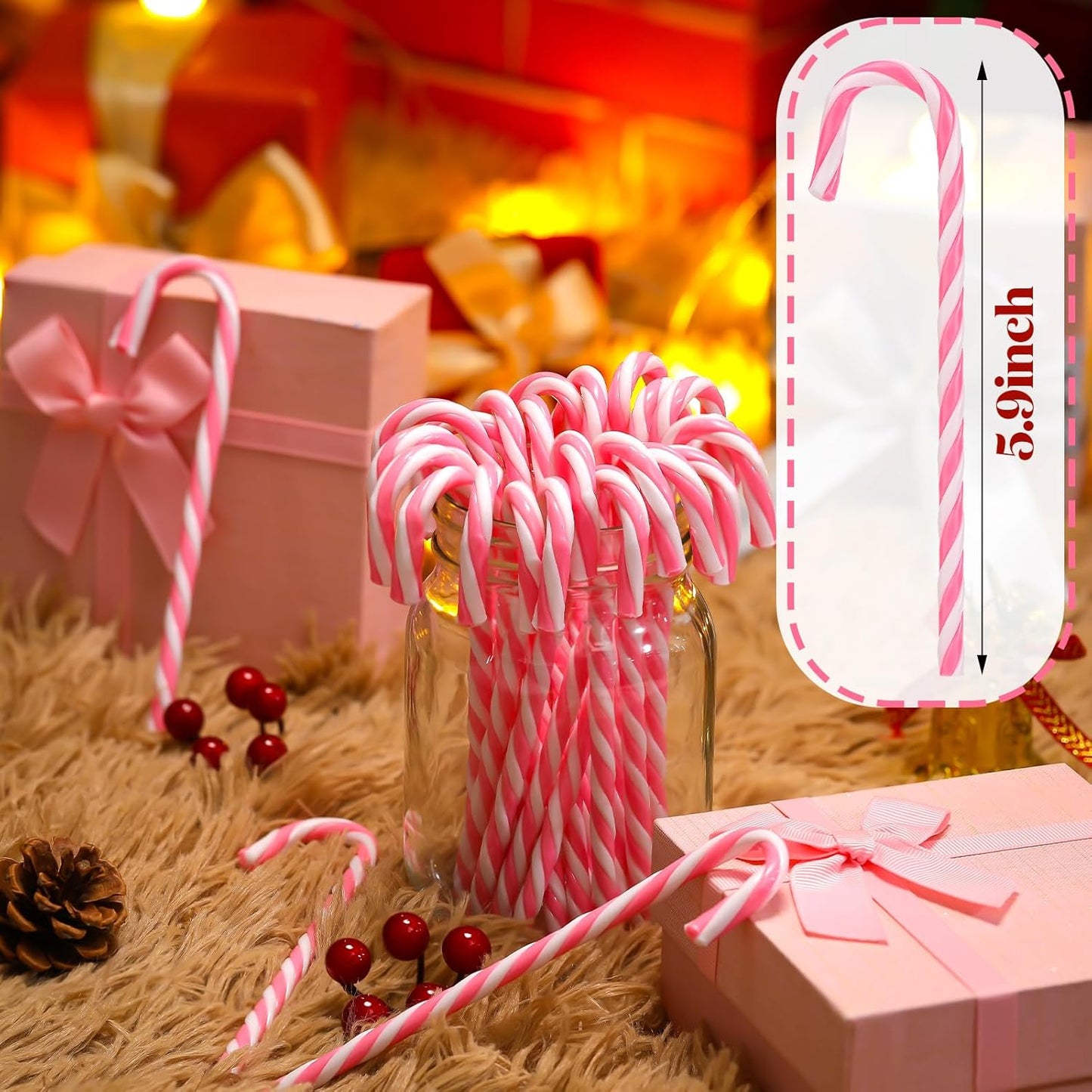 50 Pieces Christmas Plastic Candy Cane 5.9 Inches Christmas Tree Hanging Ornament Decoration Twisted Tree Candy Cane Ornament for Xmas Holiday Party Favor (Pink and White)