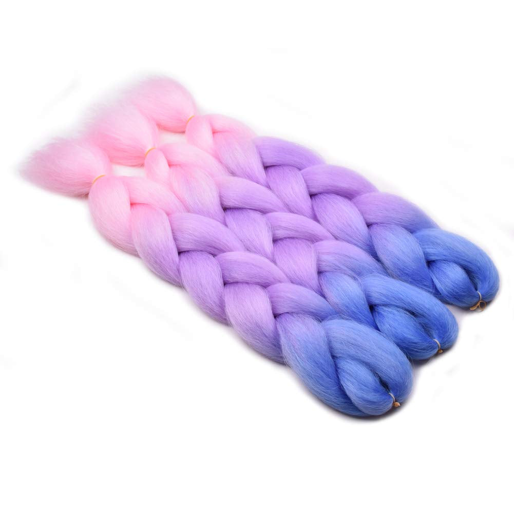 Ombre Braiding Hair Kanekalon Braiding Hair Extensions Pink 3Pcs Jumbo Braiding Hair for Box Braids 24Inch Blue/Purple/Pink
