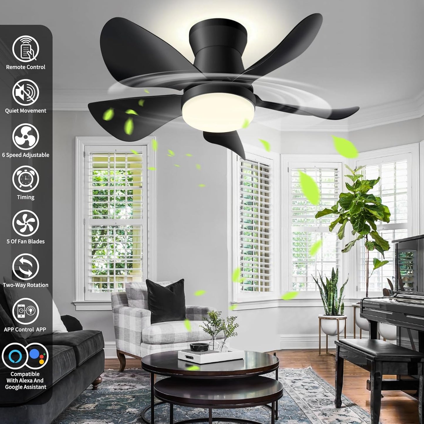 Alexa Smart Ceiling Fan with Alexa/Google Assistant/App Control - 28'' Black Modern LED Small Ceiling Fan with Lights and Remote, 6 Speed Dimmable Low Profile Ceiling Fan for Redroom