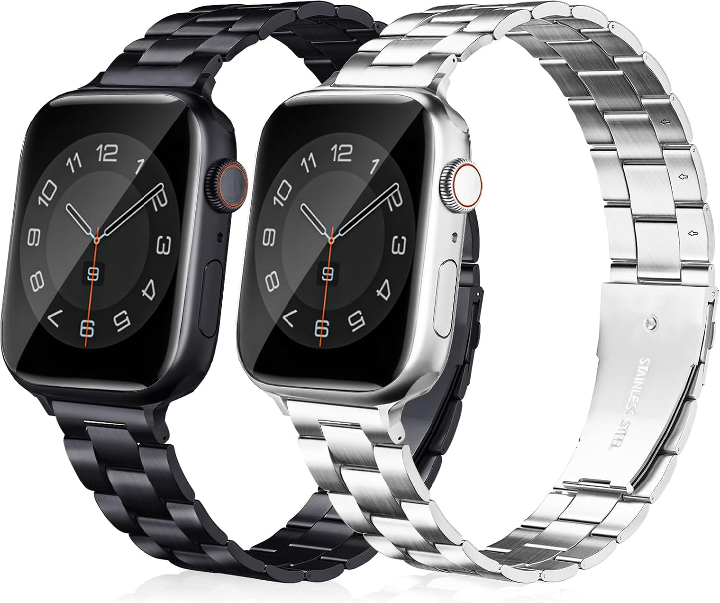 Thin Metal Bands Compatible with Apple Watch Band 38Mm 40Mm 41Mm 42Mm 44Mm 45Mm 46Mm 49Mm, Slim Stainless Steel Wristband Strap for Iwatch Ultra SE Series 10 9 8 7 6 5 4 3 2 1-Black+Silver