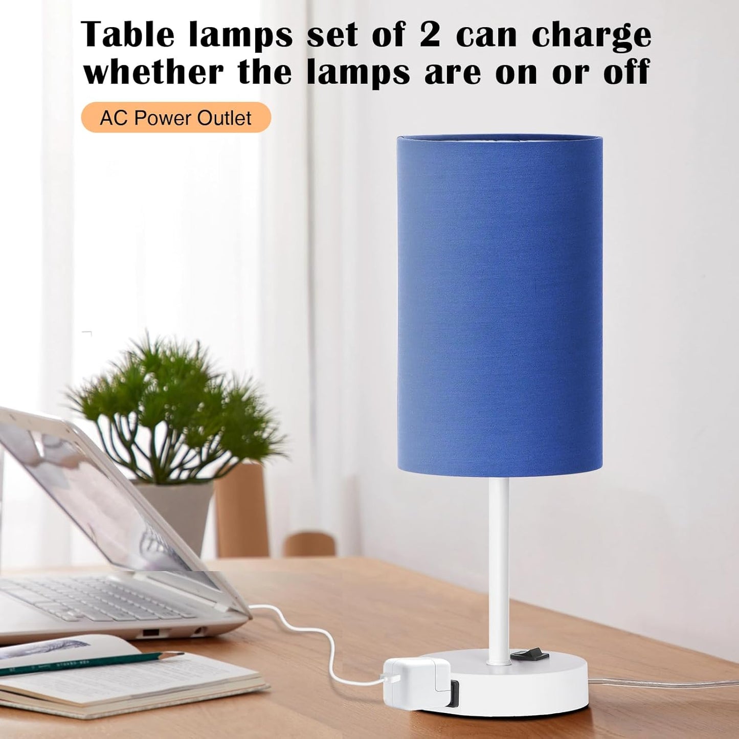 Table Lamp for Bedroom Set of 2, Bedside Small Lamps with 3 Way Dimmable Rocker Switch and AC Outlet, Nightstand Desk Lamp with Blue Fabric Shade White Base for Living Room Home Decor Lights