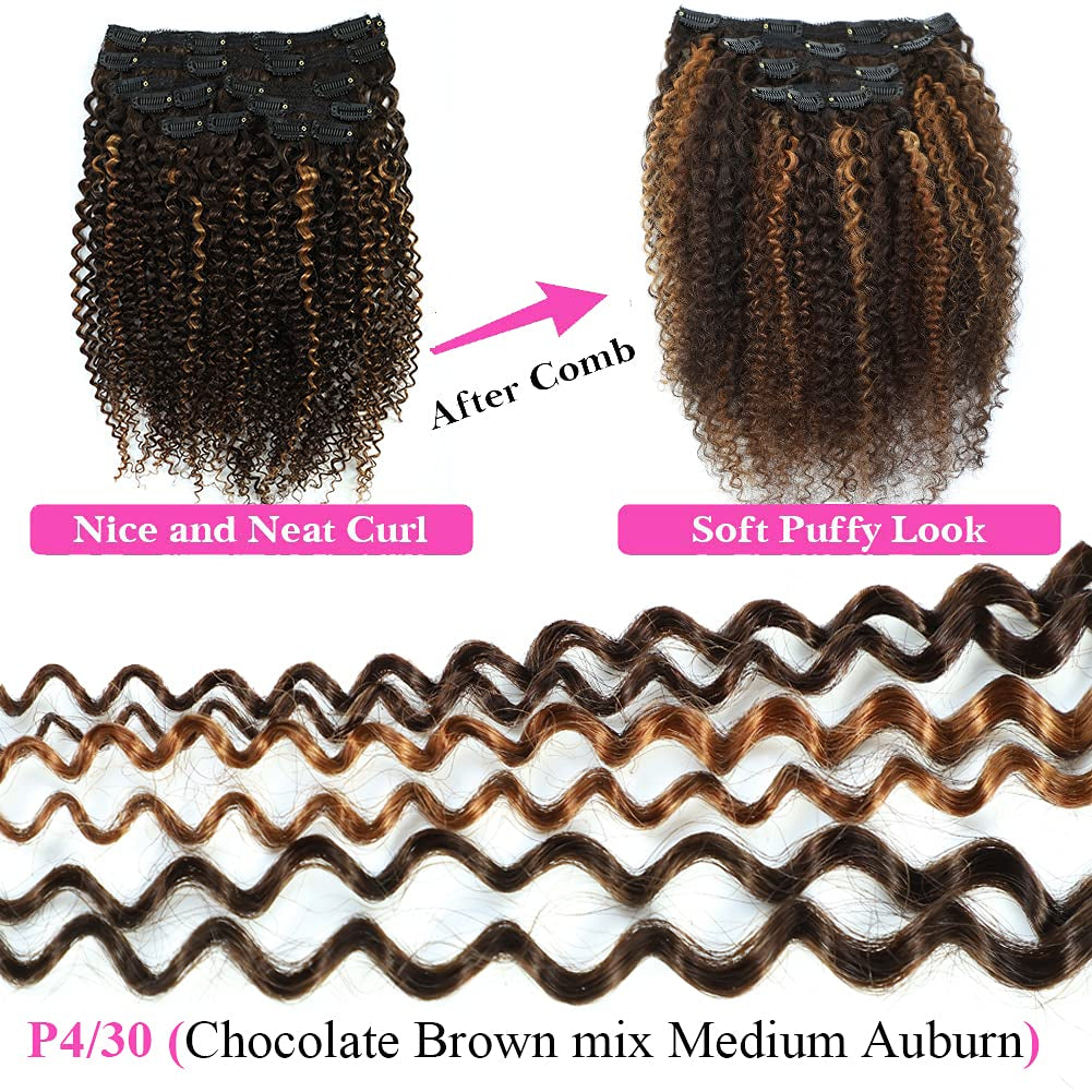 4/30 Kinky Curly 10 Inch 3C 4A Clip in Hair Extensions for Black Women Chocolate Brown Mix Medium Auburn Curly Hair Extensions Clip Ins 10Pcs/Set Full Head 10A Grade