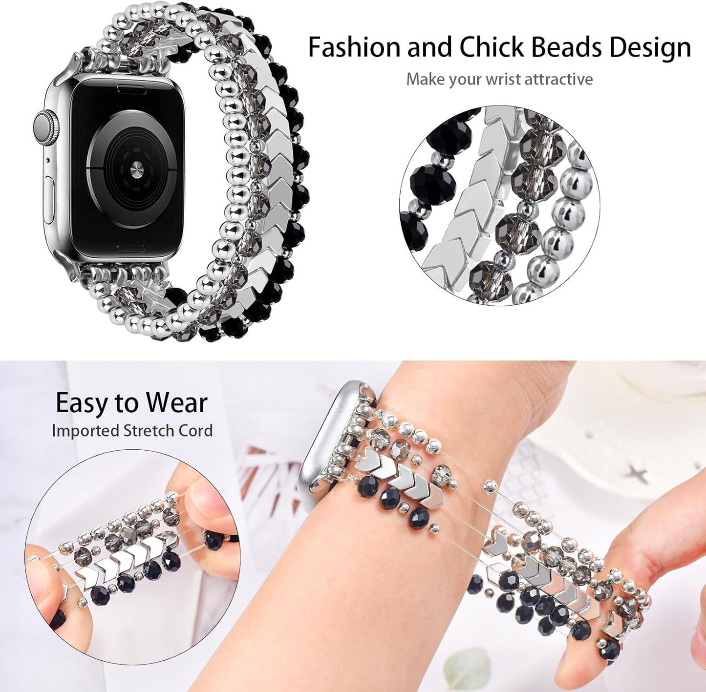 Beaded Bracelet Compatible with Apple Watch Band 38Mm/40Mm/41Mm Series 9/8/7/SE/6/5/4/3/2/1 Women Fashion Handmade Elastic Stretch Strap for Iwatch Bands Replacement