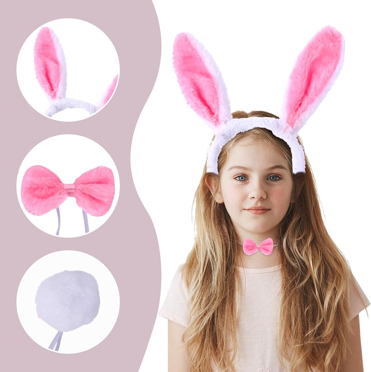 3 Pcs Bunny Rabbit Costume Set, Headband Rabbit Ear Headbands Easter Party Headband Bunny Costume Hairbands White and Pink Bunny Cosplay Costume Accessories