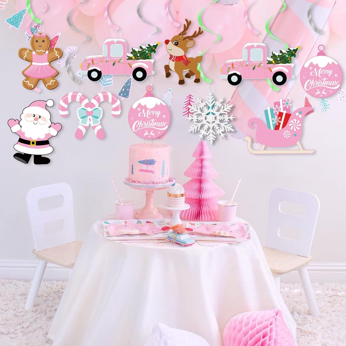 Christmas Party Decorations,Pink Cute Christmas Theme Party Hanging Swirls Foil Ceiling Decor for Christmas, Birthday Party Supplies&Baby Shower Winter Party