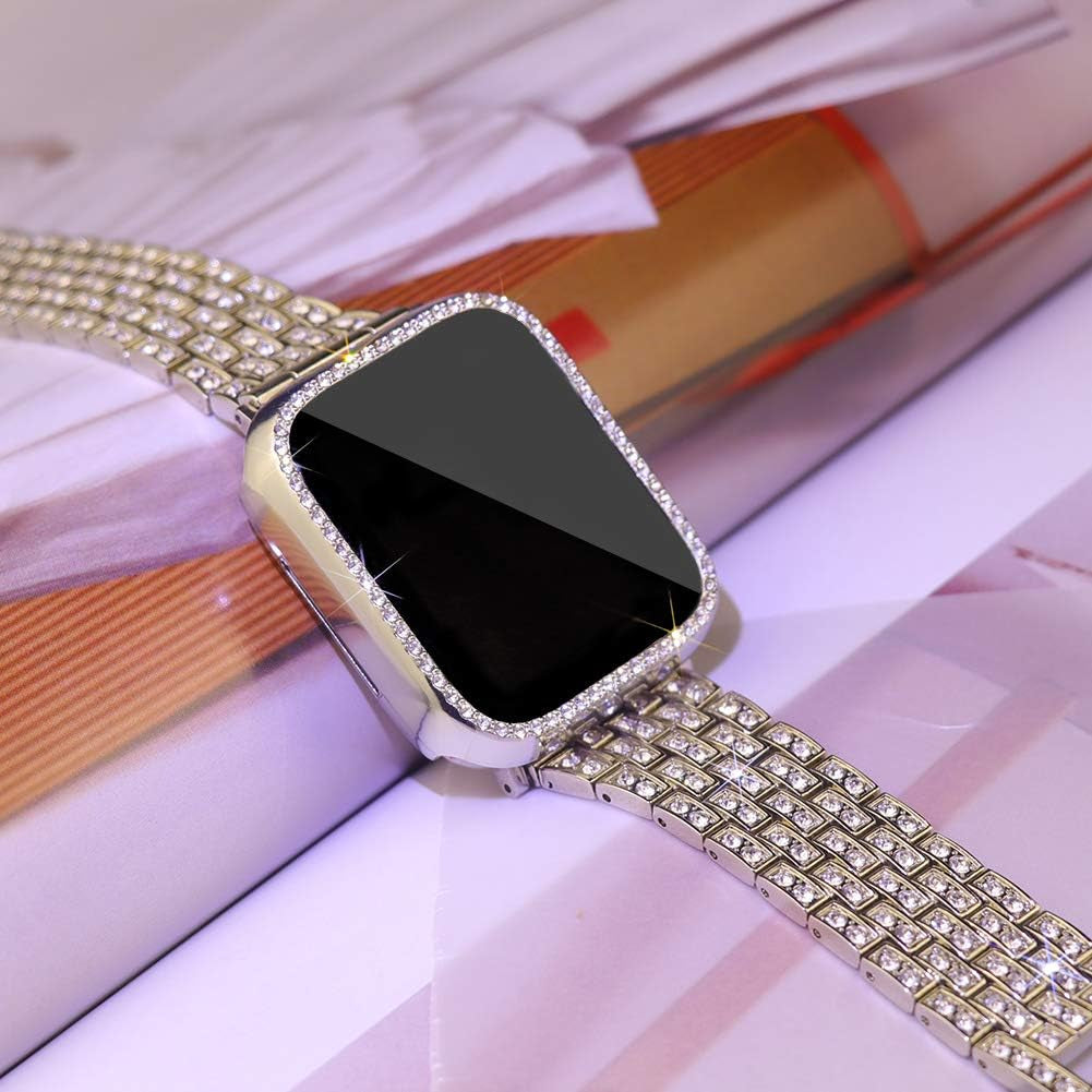 Compatible with Apple Watch Band 38Mm 40Mm 41Mm 42Mm 44Mm 45Mm 49Mm+ Case, Women Jewelry Bling Diamond Rhinestone Replacement Metal Strap& 2 Pack PC Protector Case for Iwatch Ultra 2/ Ultra Series 9/8/7/6/5/4/3/2/1/SE
