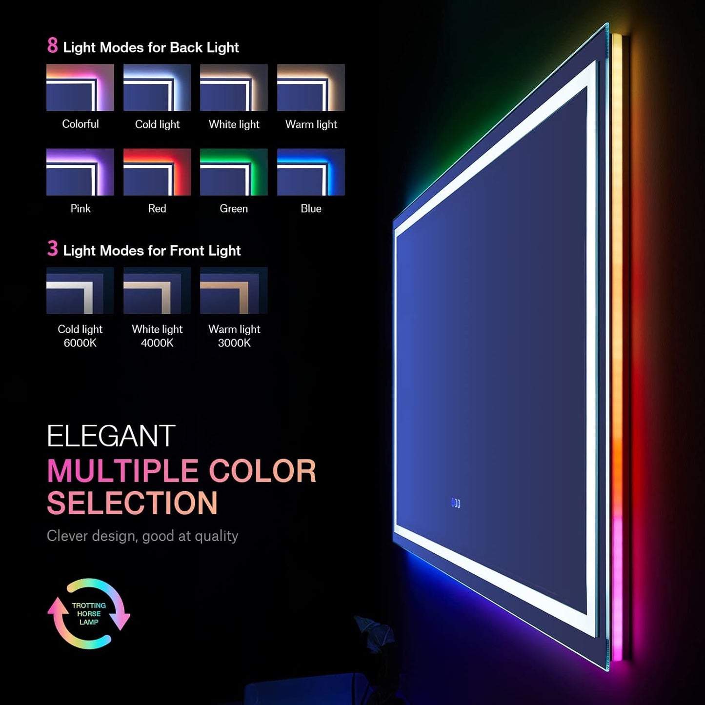 60”X30“ RGB LED Bathroom Mirror with Lights for Bathroom, Anti-Fog, Dimmable,Multiple Light Modes, RGB Backlit + Front Light, Memory Function, Tempered Glass