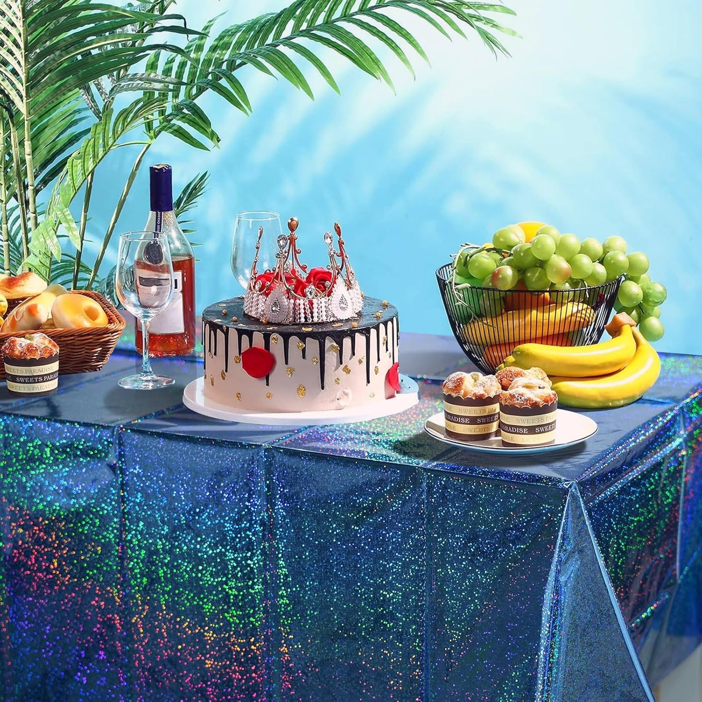 6 Pack Iridescent Blue Plastic Tablecloth, Shiny Disposable Laser Rectangle Table Cover, Holographic Foil Tablecloth Iridescent Party Decorations for Birthday Wedding Ocean Theme, 54X108Inch