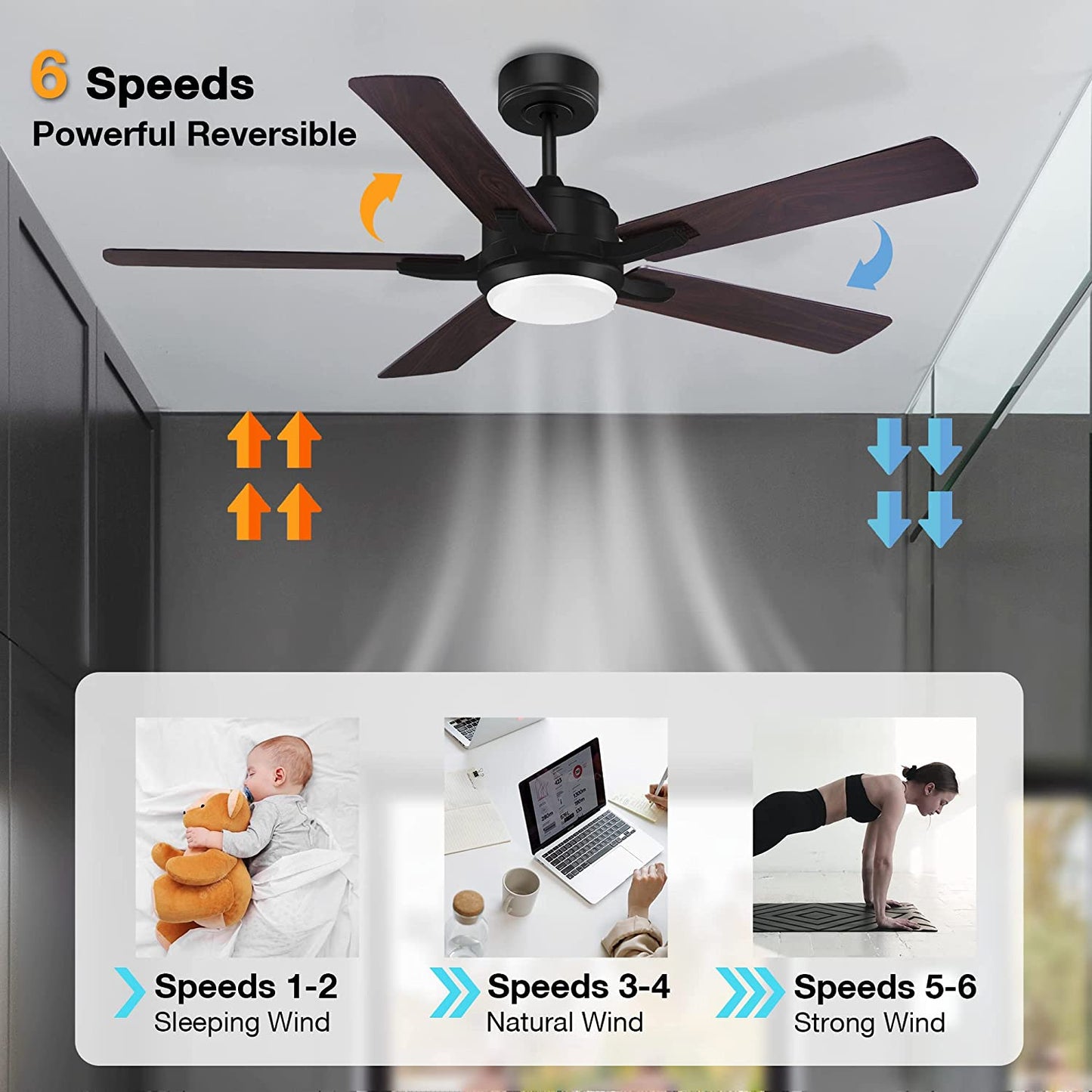 52” Smart Ceiling Fanswith Lights Remote Control,Quiet DC Motor,Outdoor Indoor Modern Farmhouse Ceiling Fan Work with Alexa App,Dimmable LED Light,Black/Brown for Bedroom Living Room Patio