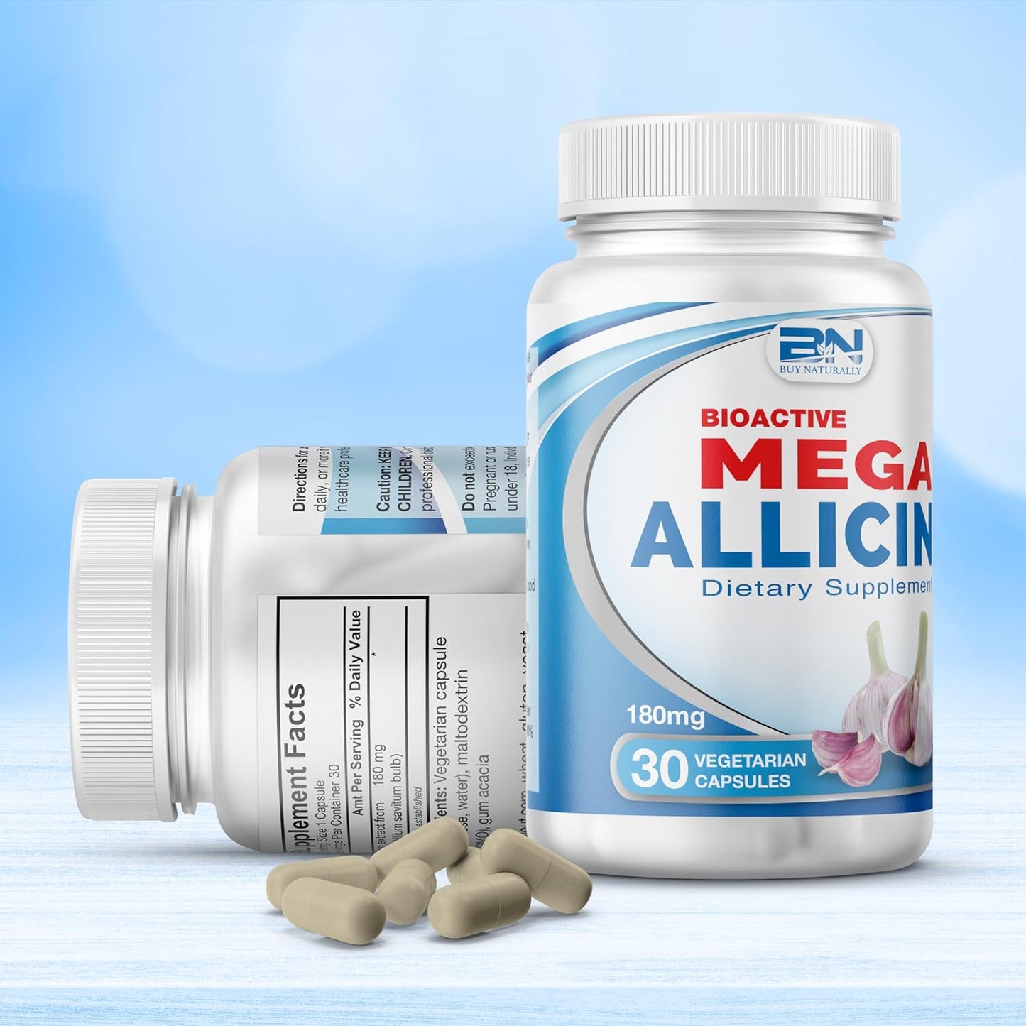 100% Pure Stabilized Allicin from Garlic, Odor-Controlled by Mega Allicin | 180,000Mcg (180Mg) Vegetarian (Vcaps) Non-Gmo, Gluten-Free | Derived from Allium Sativum (30 Count) TLBH