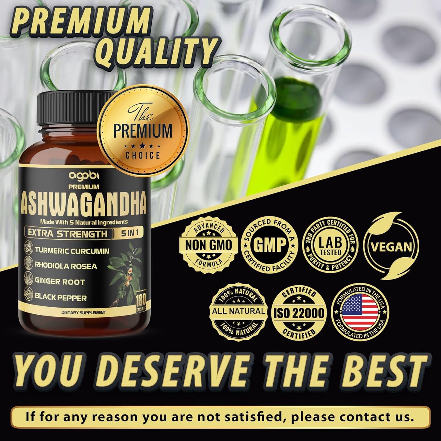 5In1 Premium Ashwagandha Capsules - Added Turmeric, Rhodiola Rosea, Ginger, Black Pepper - Strength, Spirit & Immune Support - 180 Caps for 6 Months TLBH