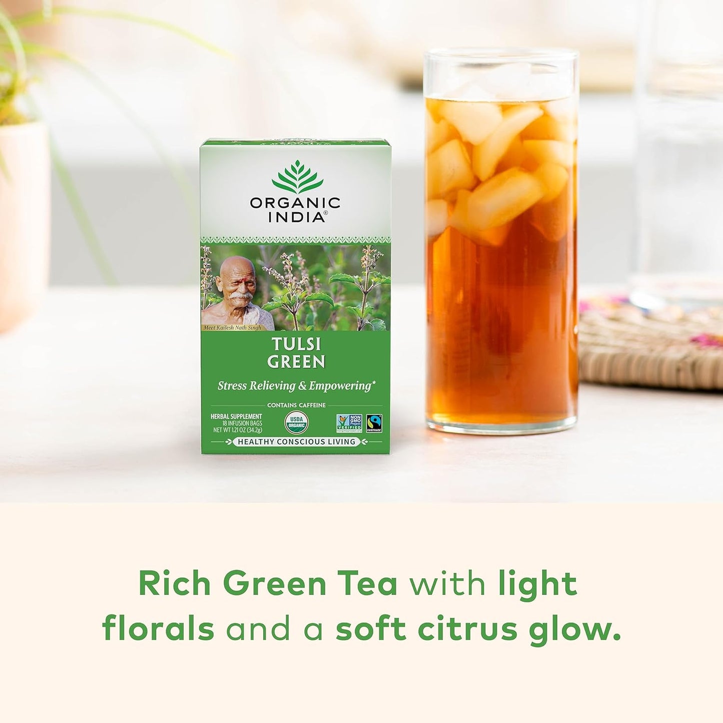 Tulsi Green Tea Bags - Holy Basil Tea, African Basil, Stress Relieving, Immune Support, USDA Certified Organic, Premium Darjeeling Green Tea, Caffeinated - 18 Infusion Bags, 1 Pack TLBH