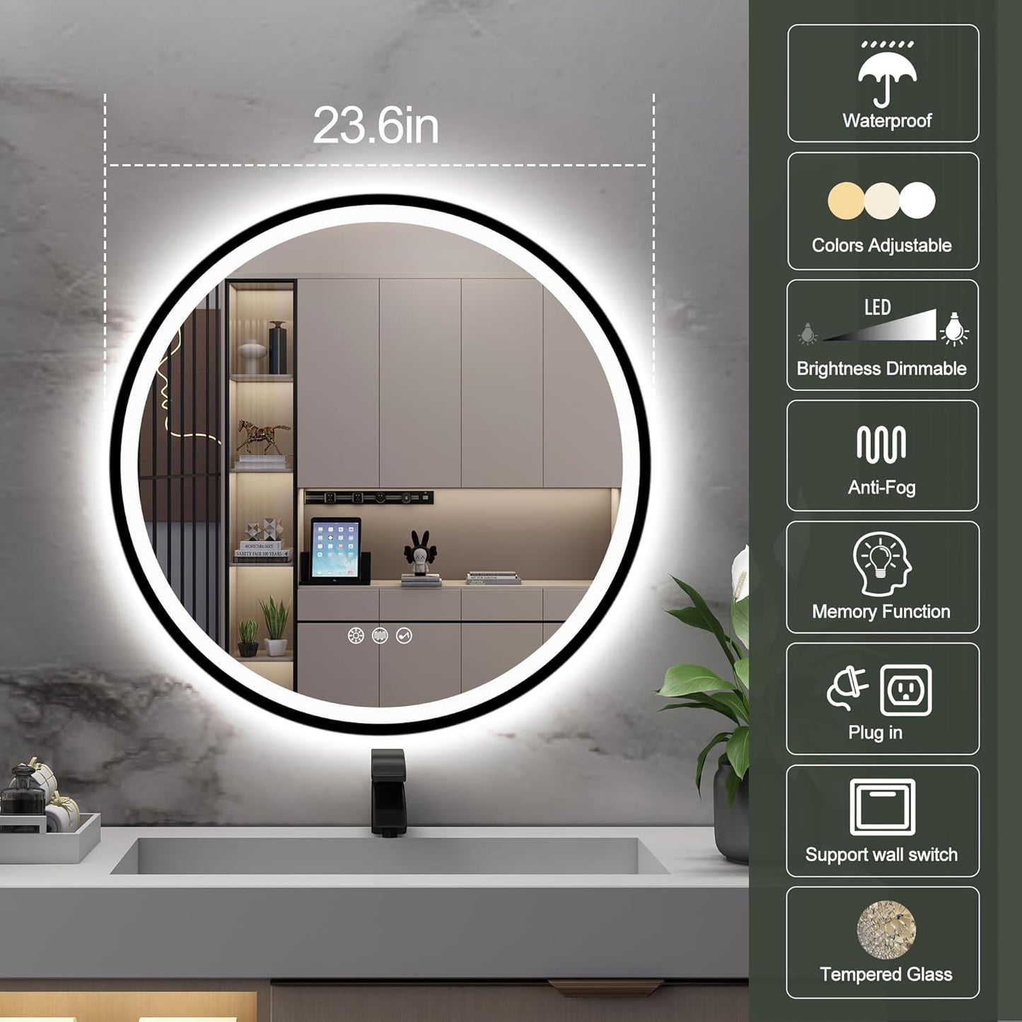 24’’ round Led Bathroom Mirror with Lights, Backlit and Front Lighted, Anti-Fog Wall-Mounted Vanity Mirror 3000K/4000K/6500K, Dimmable, inside Bluetooth Speaker, Smart Mirror