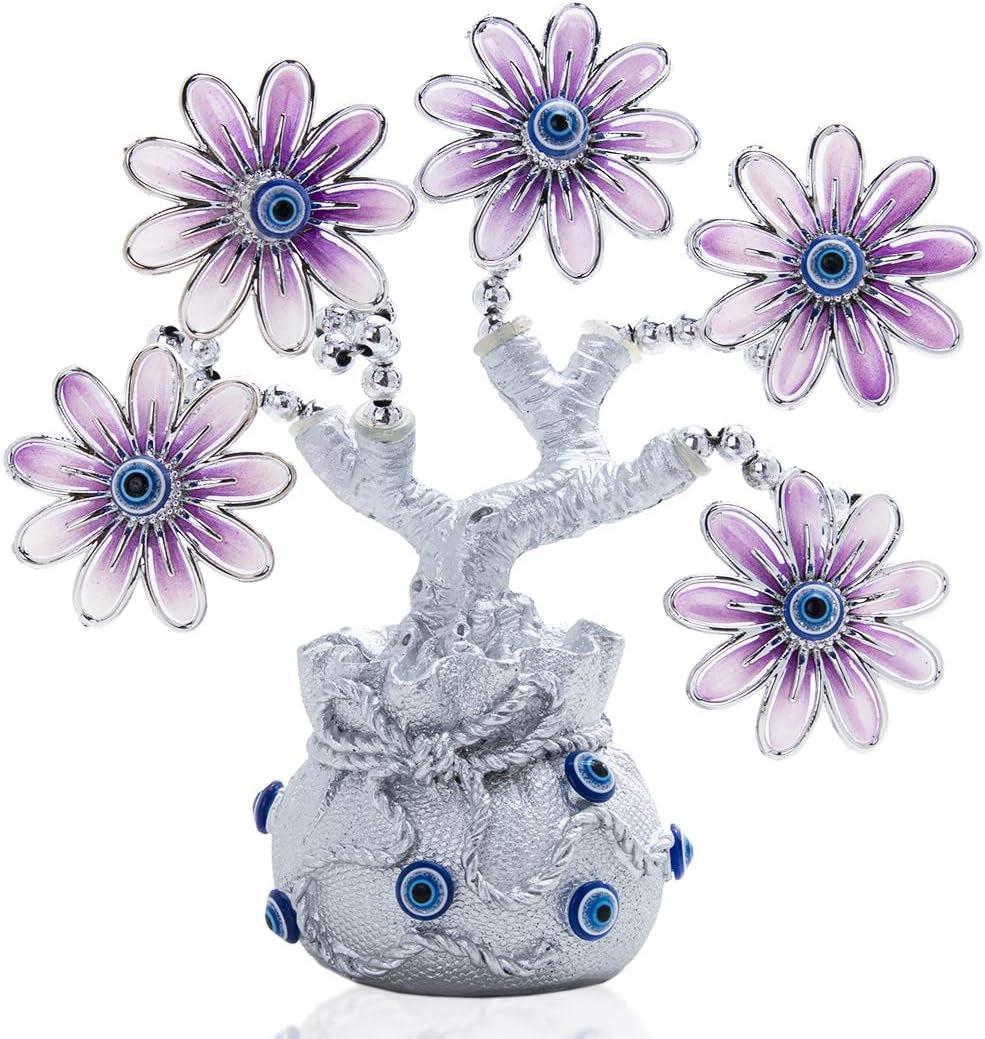 Turkish Blue Evil Eye Pink Flowers Money Fortune Tree with Lucky Bag Vase Protection Good Luck Gift