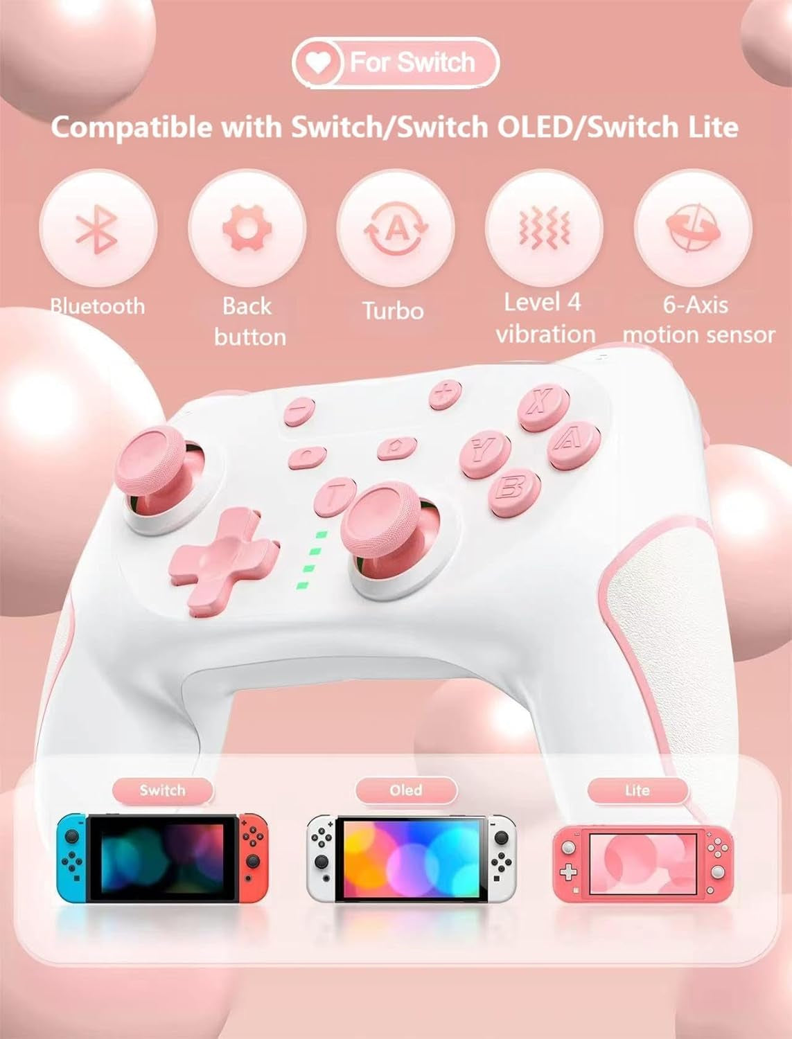 Switch Pro Controller, Wireless Pro Controller for Switch/Switch Lite/Switch OLED, Switch Controller with 2 Back Buttons, 3-Level TURBO Adjustable (Pink)