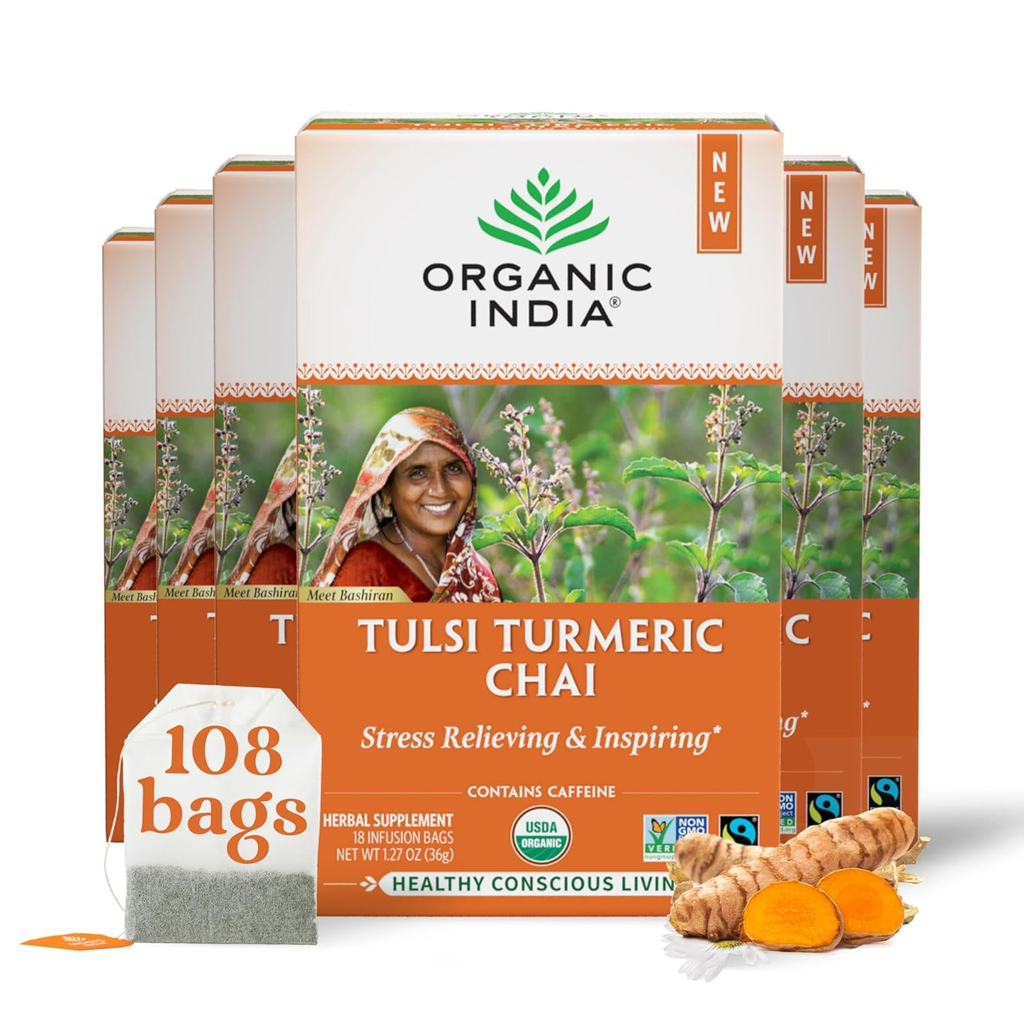 Tulsi Original Herbal Tea - Holy Basil and African Basil Calming and Stress Relief Tea, Immune Support, USDA Certified Organic, Non-Gmo, Caffeine-Free - 18 Infusion Bags, 6 Pack TLBH