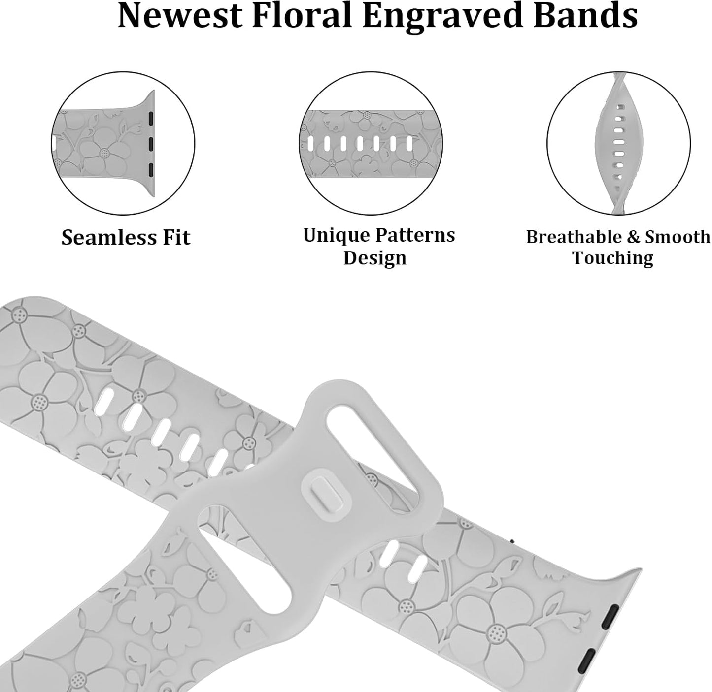 Floral Engraved Band for Apple Watch Band 38Mm 40Mm 41Mm 42Mm 44Mm 45Mm 49Mm Women,Soft Silicone Cute Embossed Flowers Bands for Iwatch Series 9/8/7/SE/6/5/4/3/2/1/ Ultra