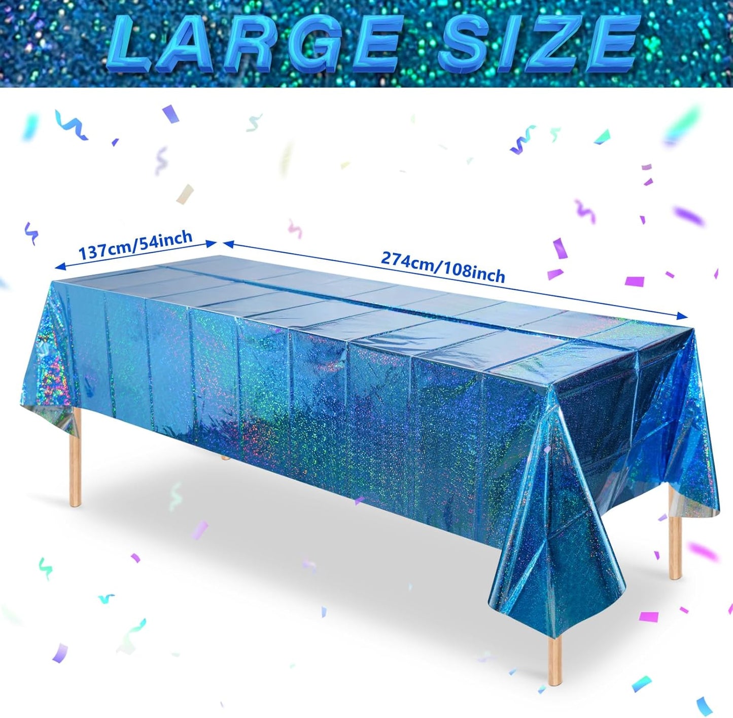 6 Pack Iridescent Blue Plastic Tablecloth, Shiny Disposable Laser Rectangle Table Cover, Holographic Foil Tablecloth Iridescent Party Decorations for Birthday Wedding Ocean Theme, 54X108Inch