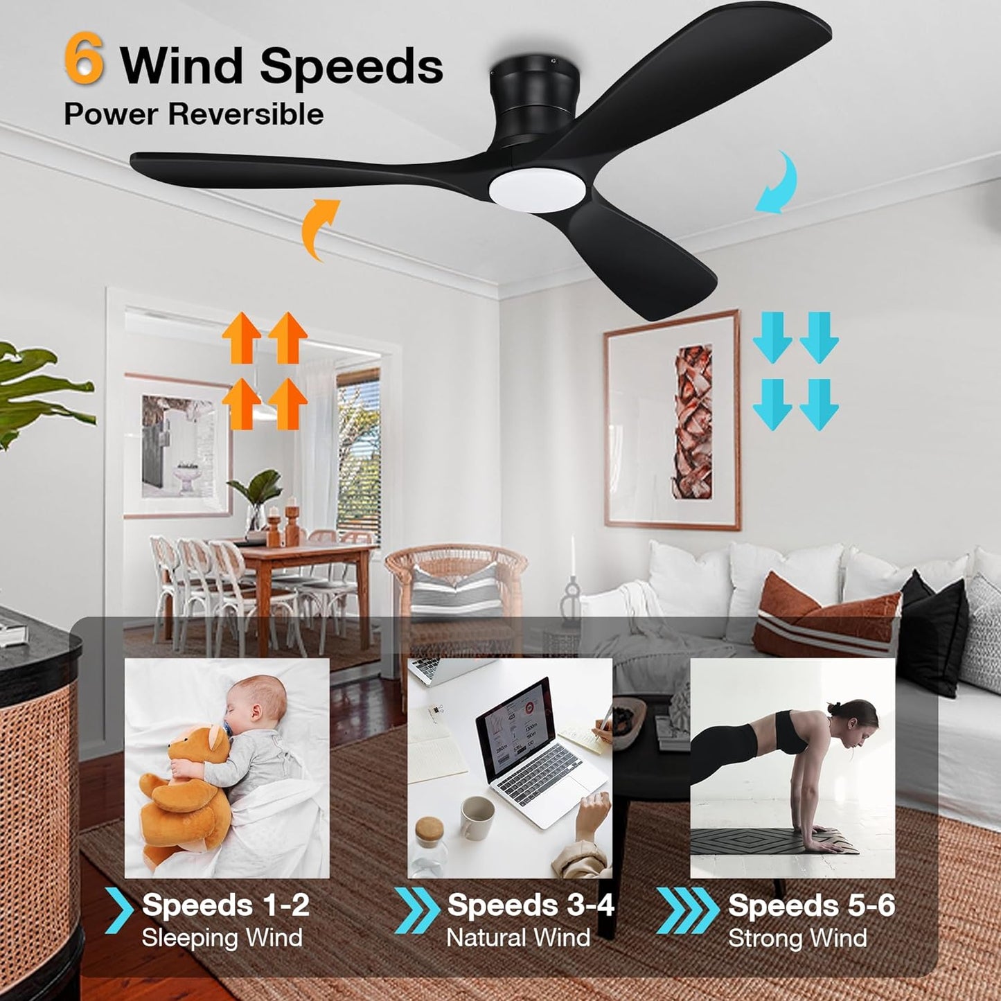 52” Smart Wood Low Profile Ceiling Fan with Lights Remote,Quiet DC Motor,Outdoor Indoor Flush Mount Ceiling Fans Controlled by WIFI Alexa App,Modern Black for Bedroom Living Room Patio Porch