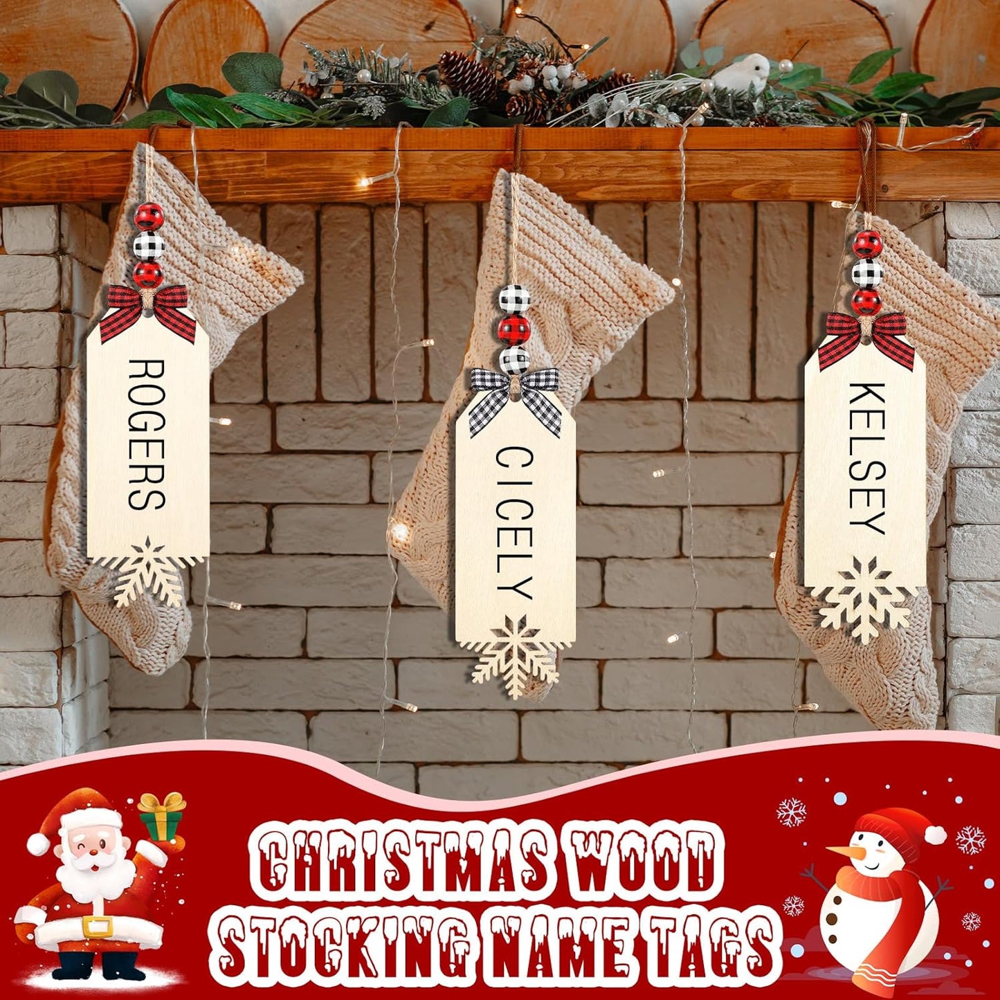 12 Set Christmas Stocking Name Tags Xmas DIY Wooden Name Signs Includes Tags Wood Beads and Bow Christmas Ornaments for Christmas Stockings Home Farmhouse Decor (Snowflake)