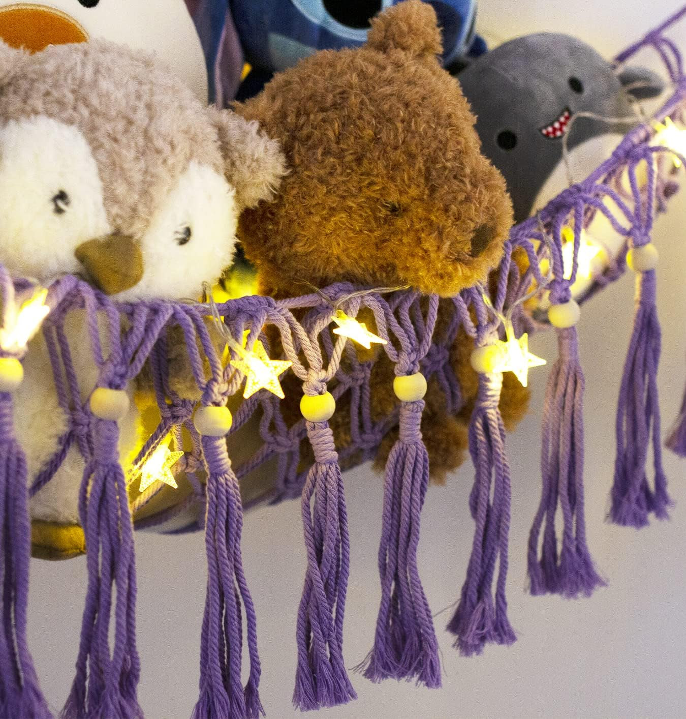 Stuffed Animal Net or Hammock - Hanging Stuffed Animal Hammock Storage - Toy Hammock Holder Boho Wall Corner Hammock Organizer Inc LED Light and Hooks, Purple