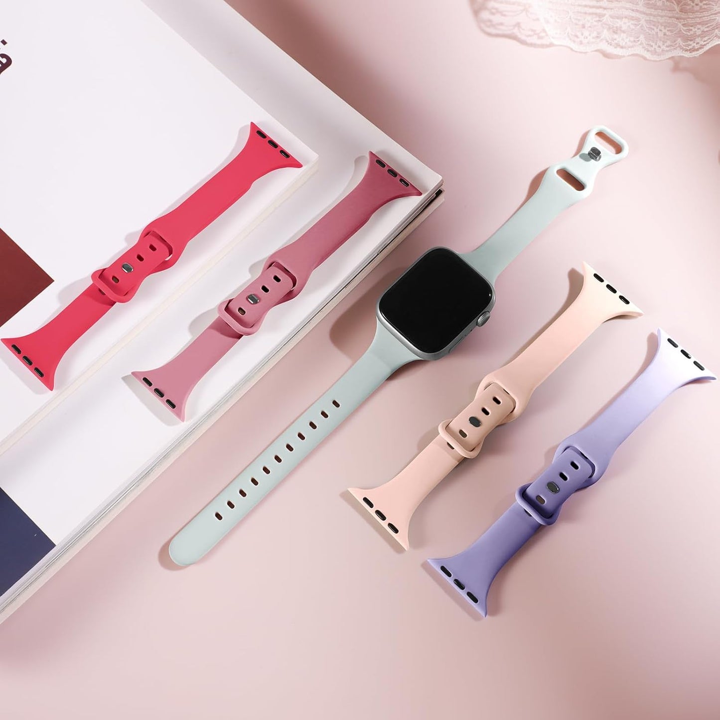 5 Pack Bands Compatible with Apple Watch 38Mm 40Mm 41Mm 42Mm 44Mm 45Mm 49Mm, Slim Thin Narrow Replacement Silicone Sport Strap Wristbands for Iwatch Series Ultra 8/7/6/5/4/3/2/1 SE Women Men