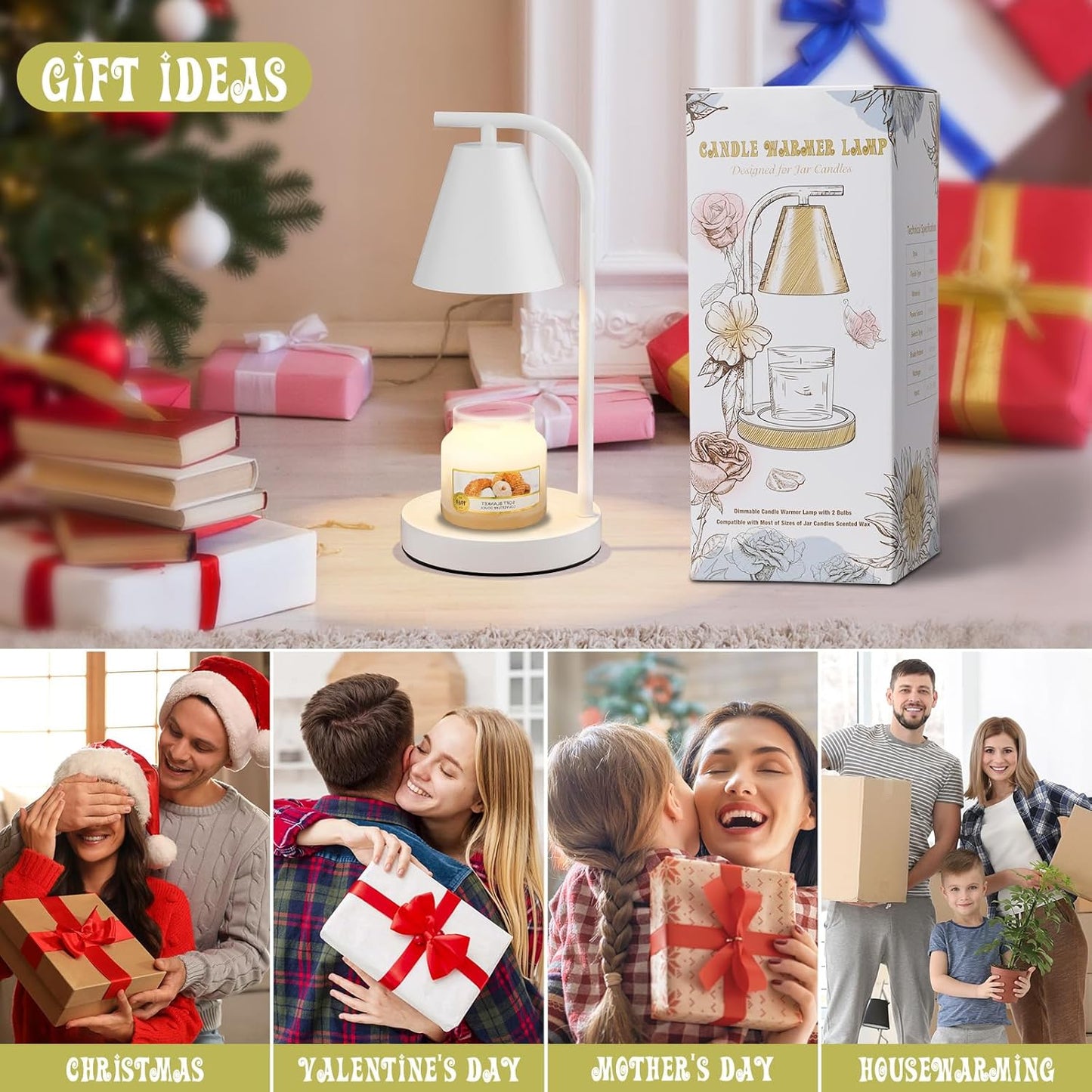 White Candle Warmer with Timer - Electric Candle Lamp for Scented Wax with 2 Bulbs - House Warming Gifts for Women