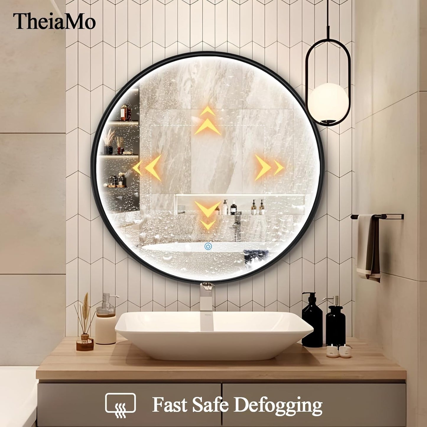 24 Inch round LED Bathroom Mirror, Circle Frame Recessed Light Strip Design Modern Vanity Mirror, Anti-Fog Smart Mirror with Stepless Color Temperature Adjustable 3000-6000K, Black