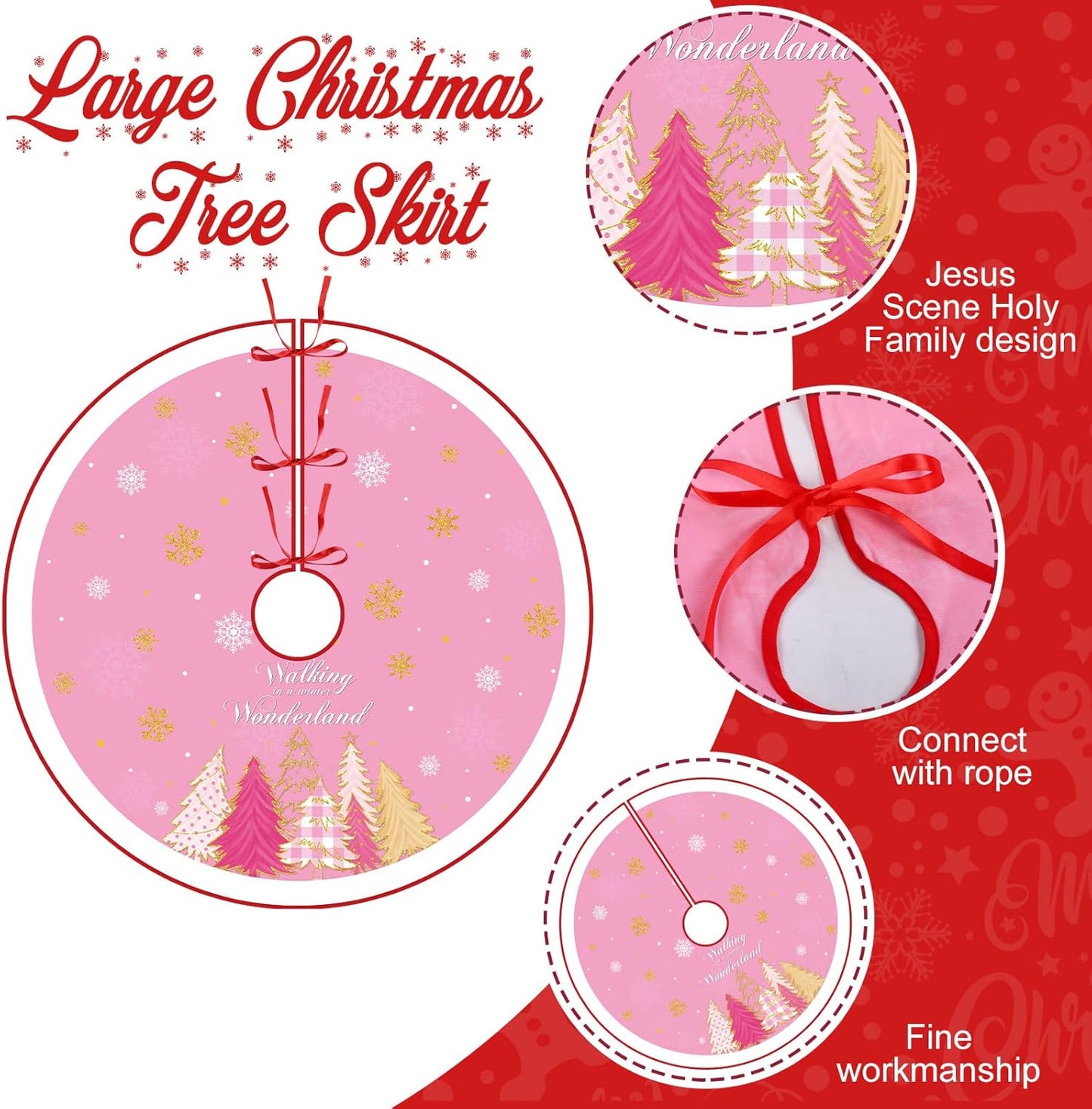48 Inch Pink Christmas Tree Skirt Large Double Layer Xmas Tree Decoration Merry Christmas Tree Skirt Mat Decor for Winter Holiday Party Christmas Decorations Supplies