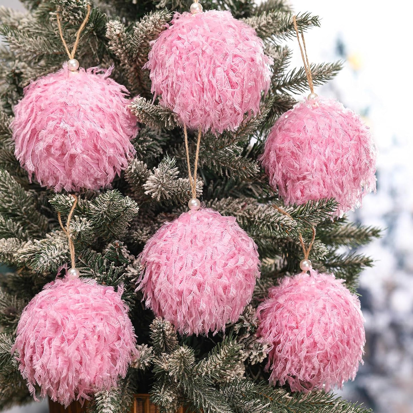 6 Pcs Furry Christmas Ball Ornaments 3.15 Inch Fuzzy Curly Elf Ornaments Ball Christmas Tree Hanging Decorations Soft Pom Pom Ball Xmas Ornament Pendants for Party Supplies(Pink)