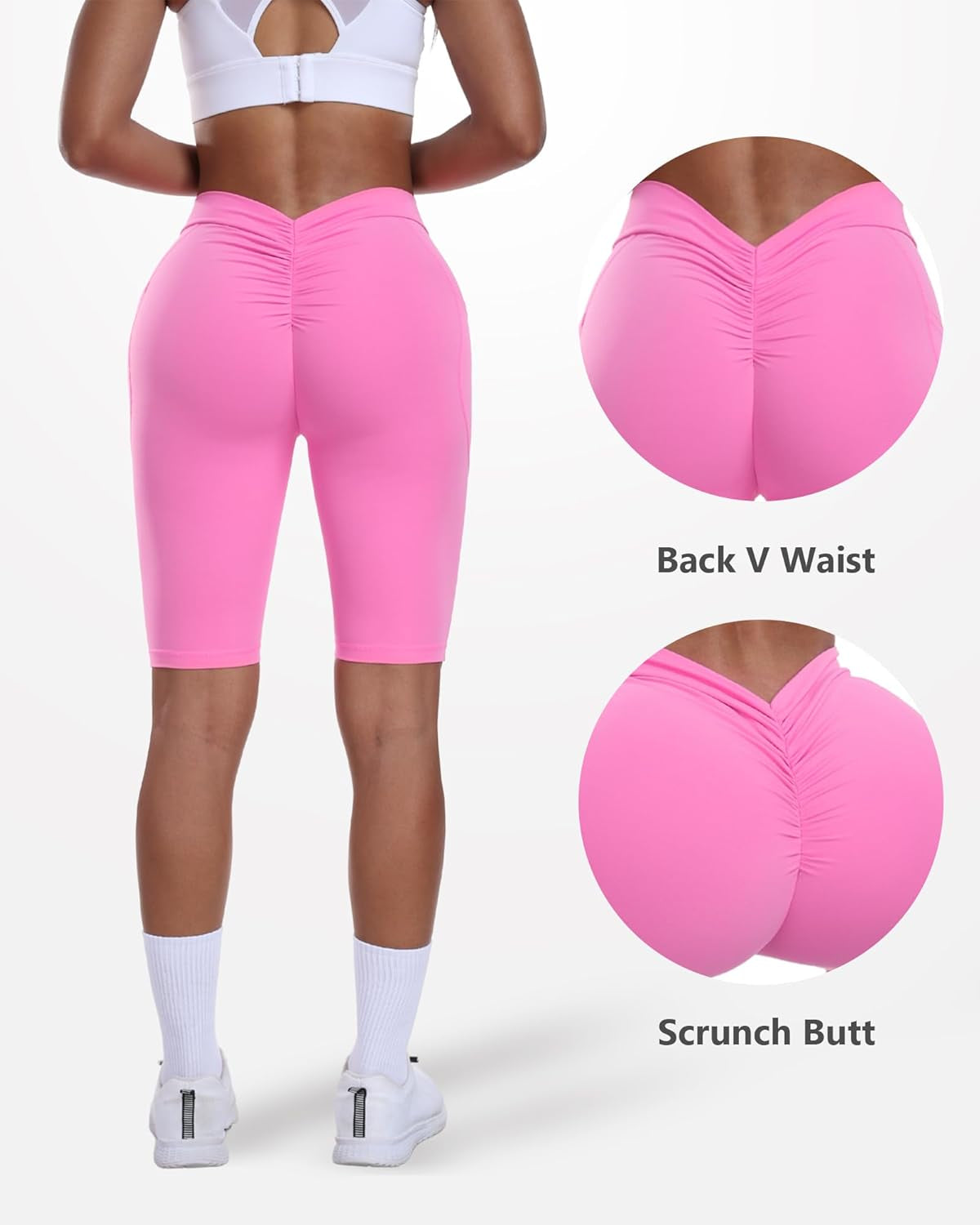V Back Biker Shorts with Pockets Scrunch Butt Lifting Shorts for Women Athletic Gym Yoga Booty Shorts