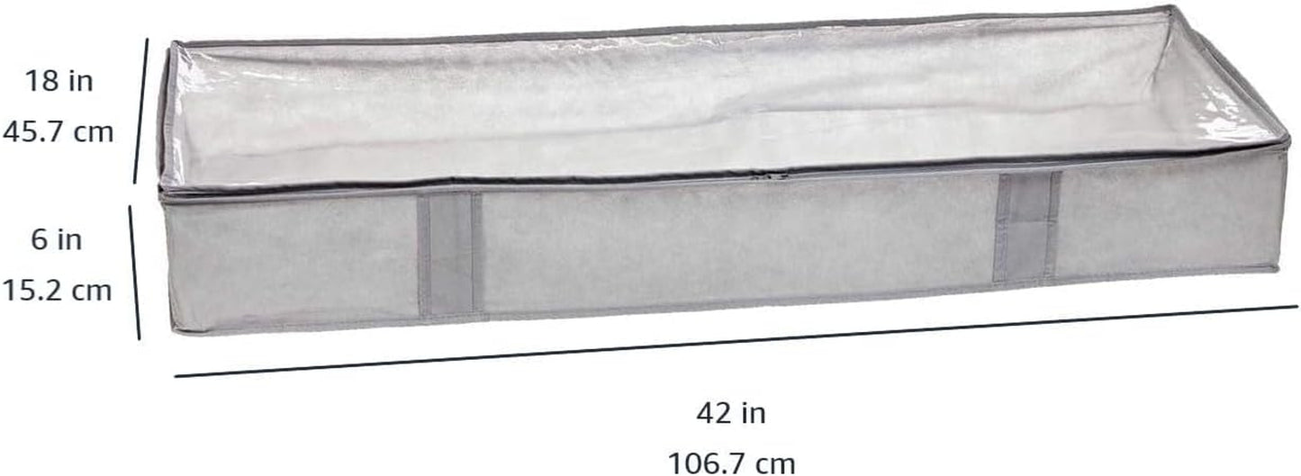 under Bed Fabric Zipper Blanket Storage Container Bags with Window and Handles, 2-Pack, 18 X 42 X 6 Inches, Gray