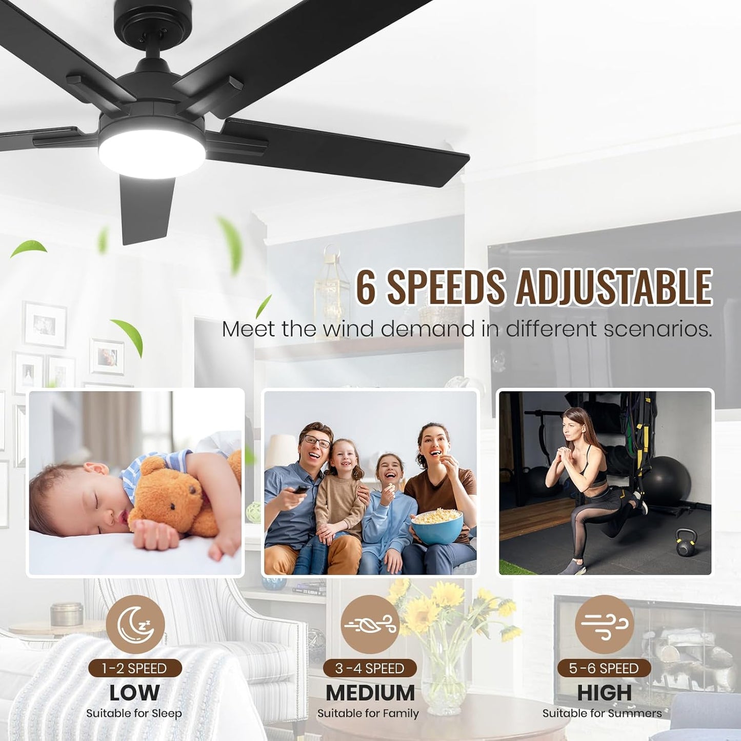 52 Inch Ceiling Fan, Smart Ceiling Fan with Remote/App, Black Ceiling Fan with 6-Speeds Reversible Motor, Alexa Ceiling Fan with 5 Two-Sided Blades Dimmable Noiseless for Indoor Bedroom/Outdoor
