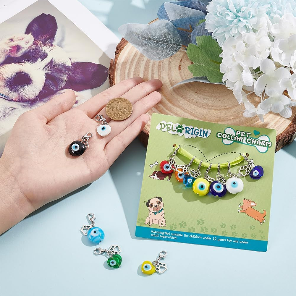 12Pcs Evil Eye Pet Collar Pendants for Cat Dog Heart Bead Jewelry Charms Lucky Dog Paw Pet Collar Pendants Clip-On Charms for Bag Decor Keychain Pet Necklace Training Home Decoration