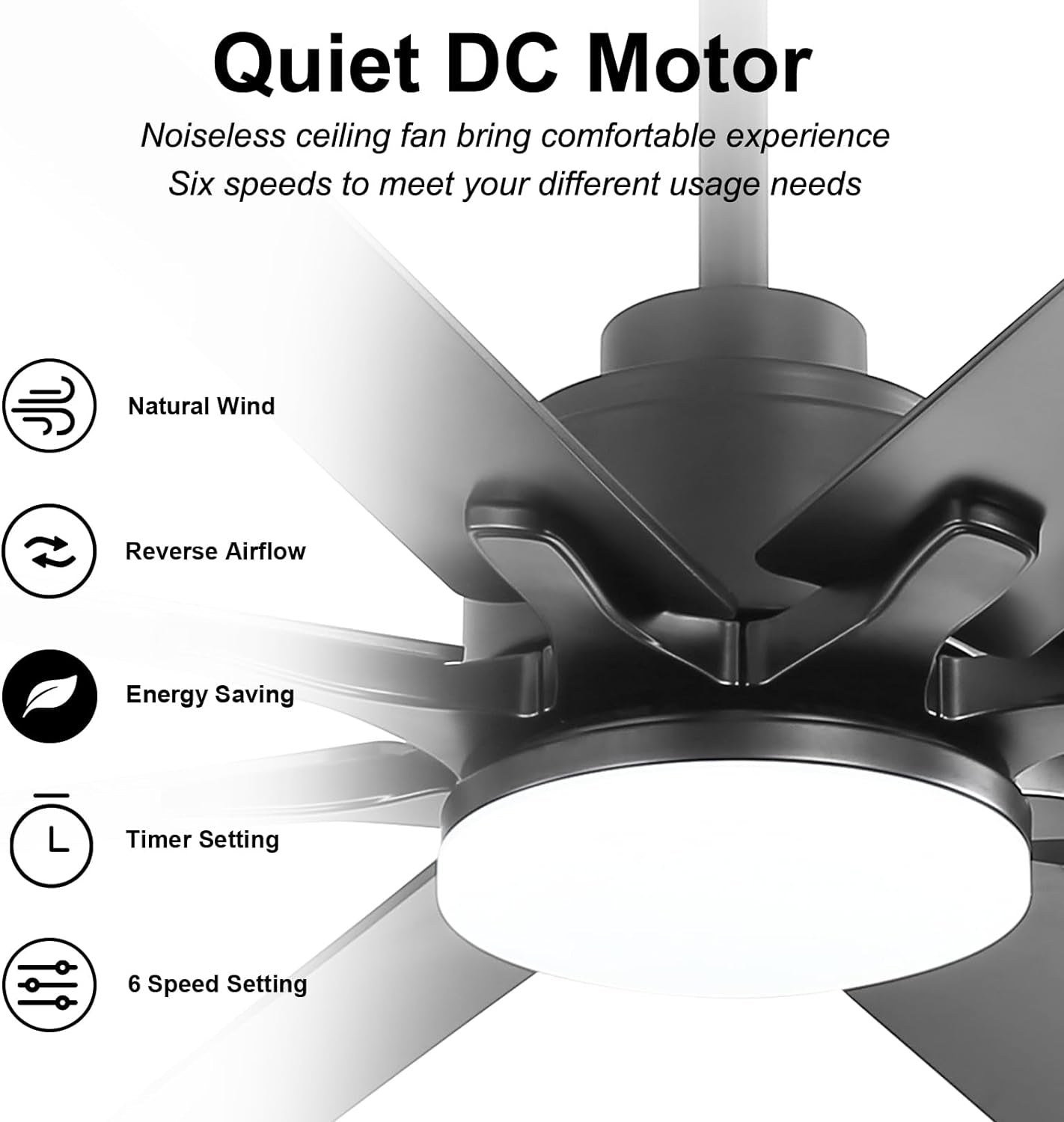 66 Inch Black Ceiling Fans with Lights and Remote, Indoor Outdoor Mordern Smart Ceiling Fan with Reversible Quiet DC Motor, 6 Speed, 8 Blades for Living Room Bedroom Patios Balcony
