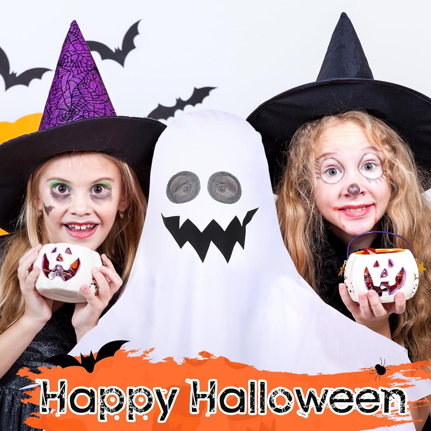 Halloween Kids Ghost Costume Toddler Ghost Costume with Pumpkin Bucket for Boys Girls Cosplay Trick or Treating Party