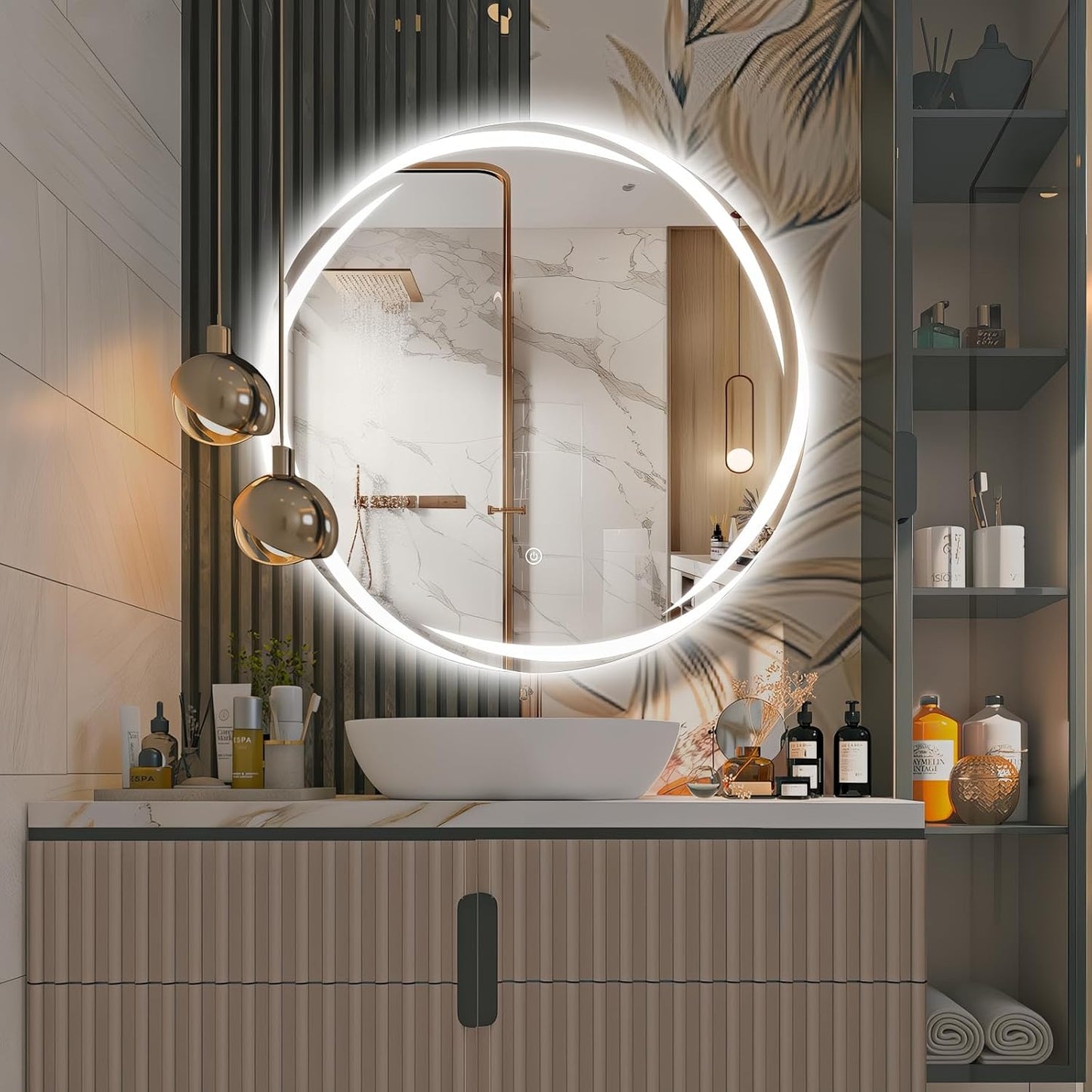 24" round LED Mirror for Bathroom with Front Light and Backlit, Stepless Dimmable Vanity Mirror with Lights, Frameless anti Fog Smart Mirror Wall Mounted, IP65 Waterproof, Shatter-Proof