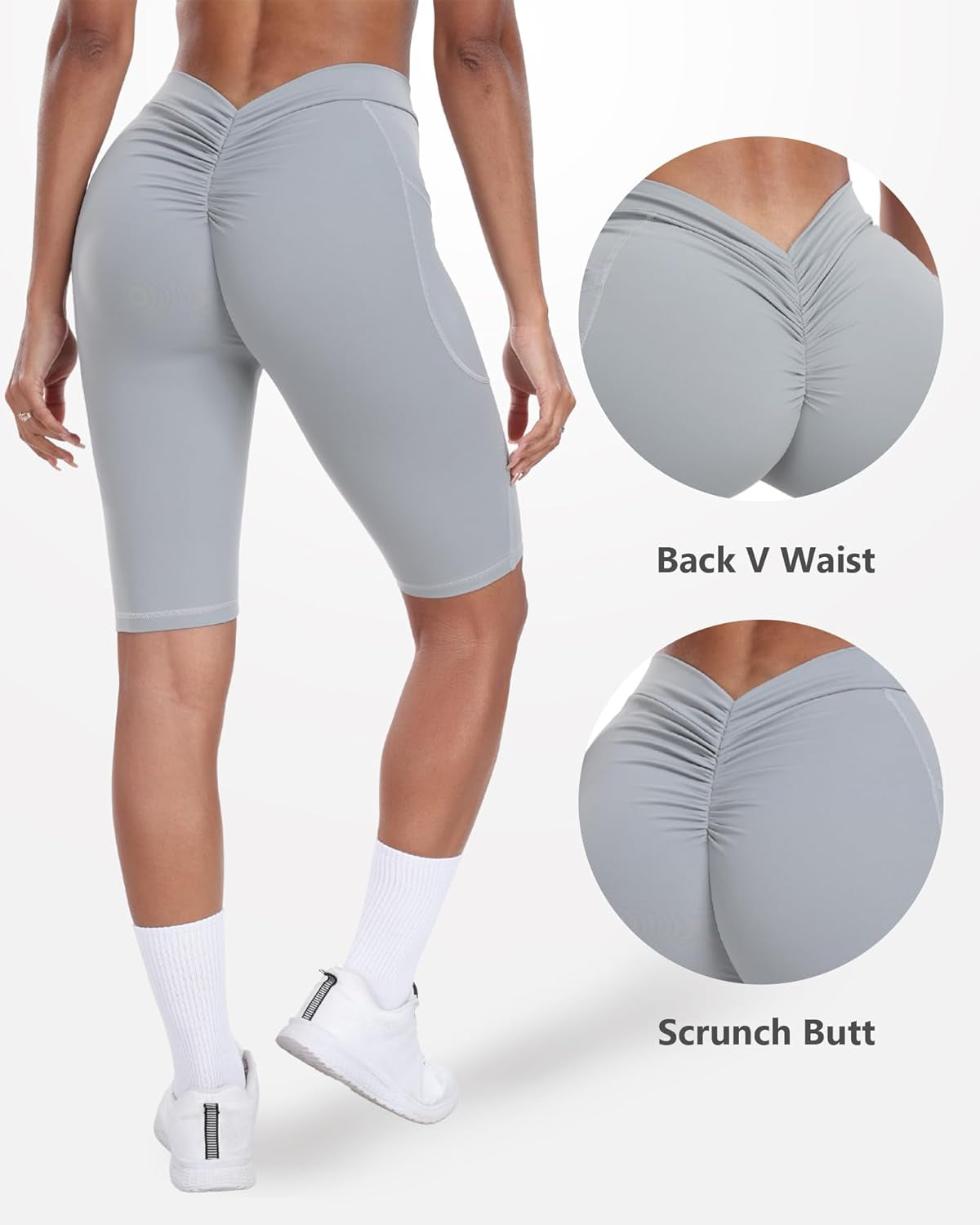 V Back Biker Shorts with Pockets Scrunch Butt Lifting Shorts for Women Athletic Gym Yoga Booty Shorts