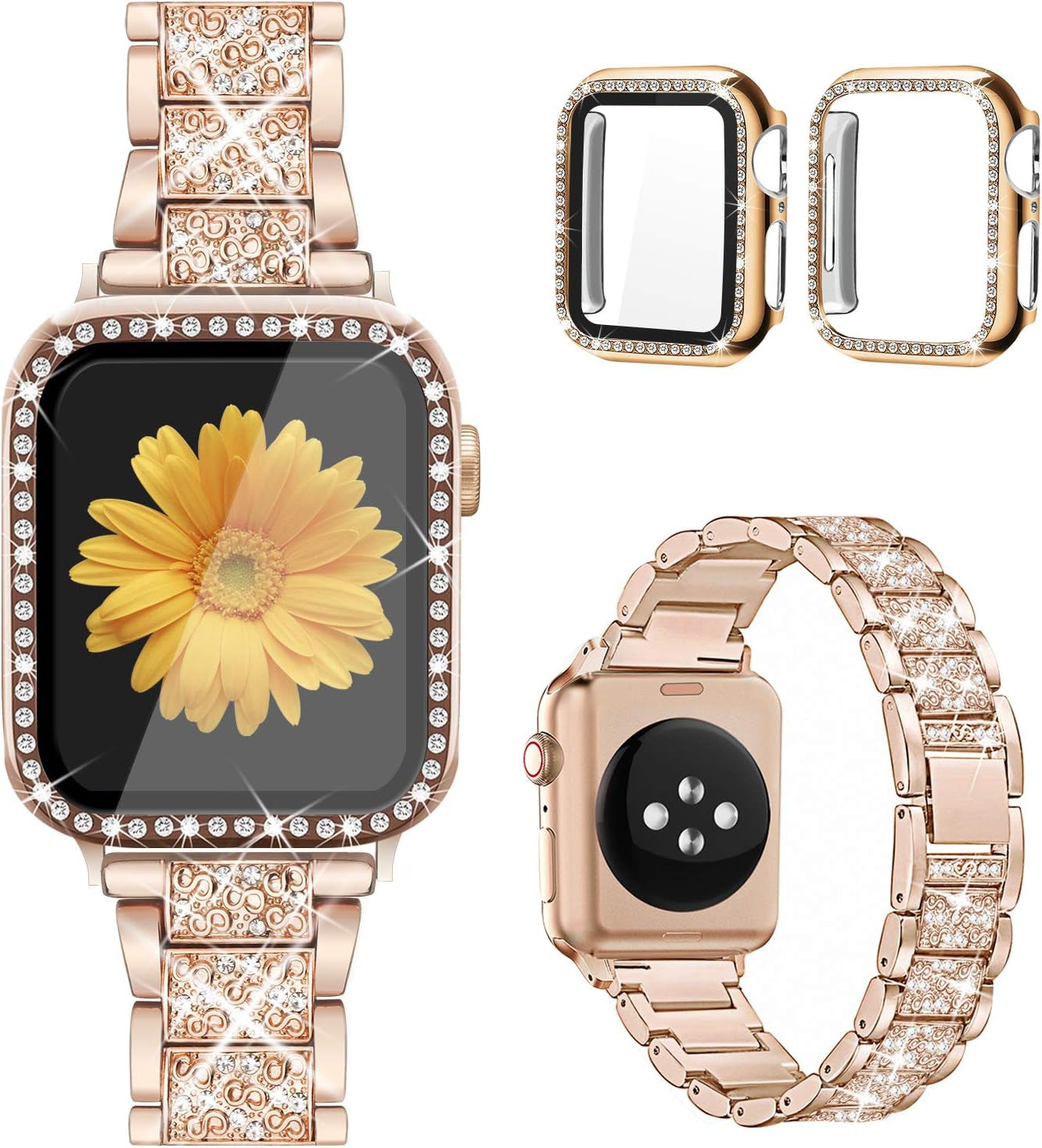 Compatible for Apple Watch Band with Screen Protector Case, Jewelry Replacement Band 45Mm 44Mm 42Mm 41Mm 40 Mm 38Mm 2 Pack Bling Protective Cover for Iwatch Series 9/8/7/6/5/4/3/2/1/SE Women