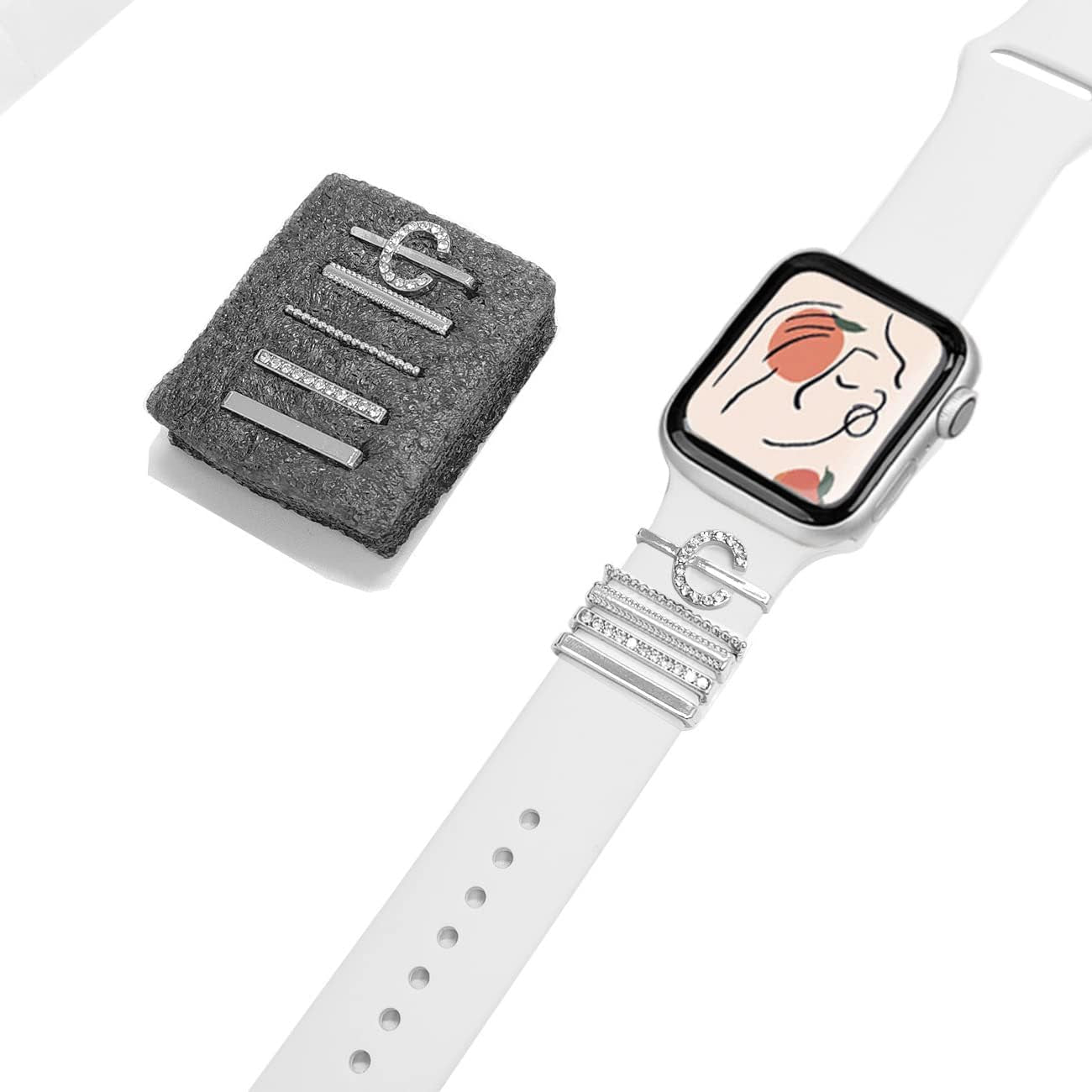 Diamond Decorative Loops Compatible with Apple Watch Silicone Bands 38Mm 40Mm 41Mm 42Mm 44Mm 45Mm 49Mm, Smartwatch Bands Metal Charms Accessories for Iwatch 8 Ultra 7 6 5 4 3 2 1 SE