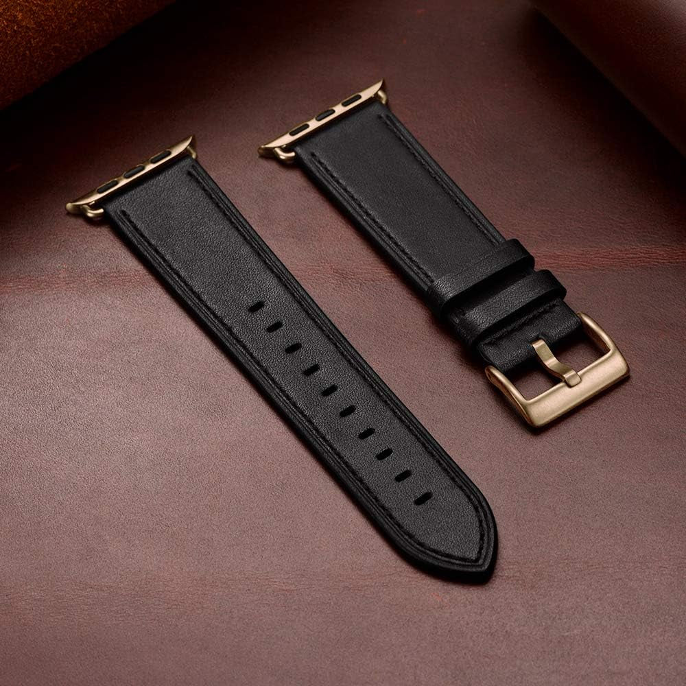 Compatible with Apple Watch Band 41Mm 40Mm 38Mm, Genuine Leather Band Replacement Strap Compatible with Apple Watch Series 9/8/7/6/5/4/3/2/1/SE2/SE, Black Band with Bronze Gold Adapter