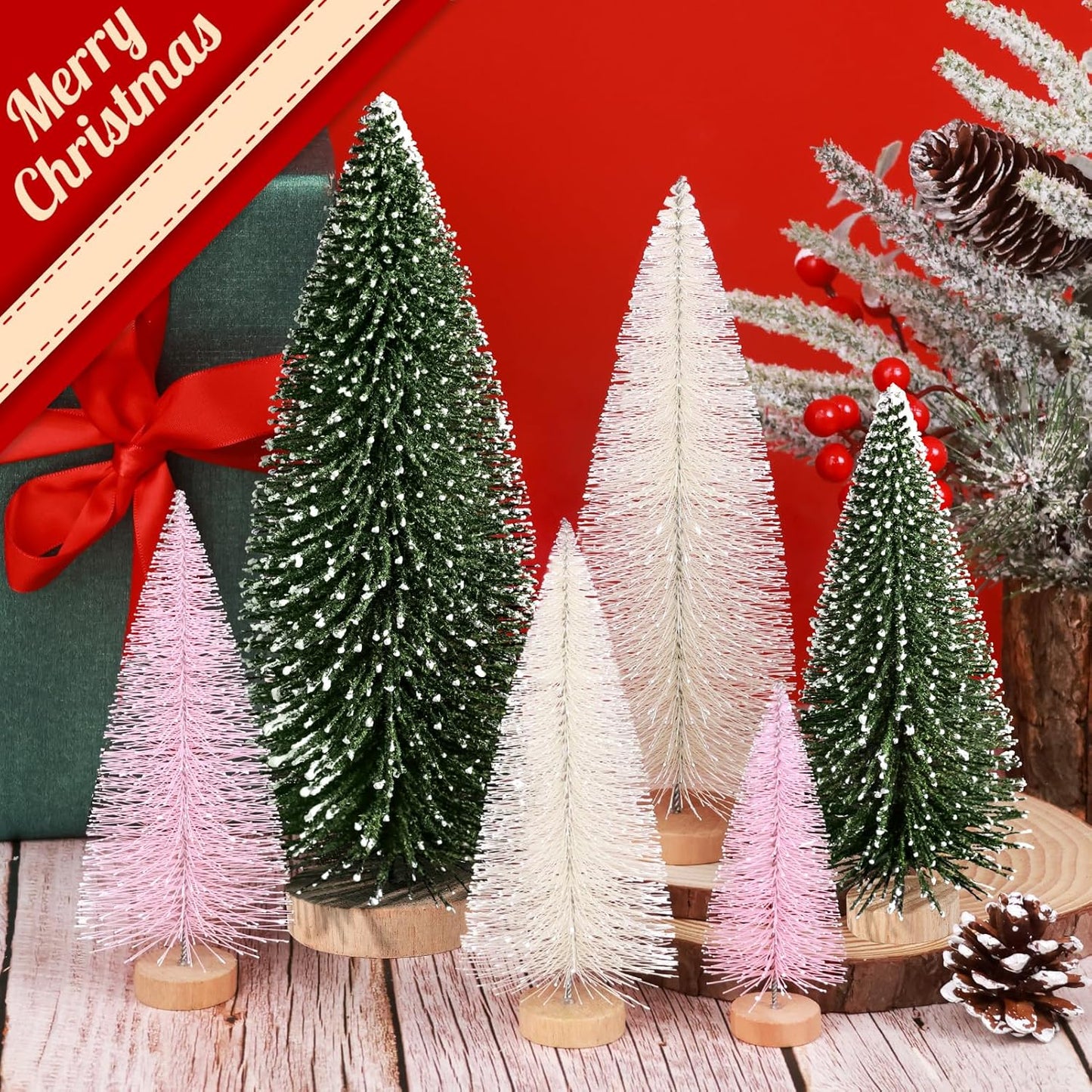 6Pcs Mini Christmas Trees Christmas Decor, Artificial Christmas Mini Bottle Brush Trees Tabletop, Christmas Decoration Trees with 4 Size Xmas Holiday Decor (6Pcs Green+Pink+Beige)