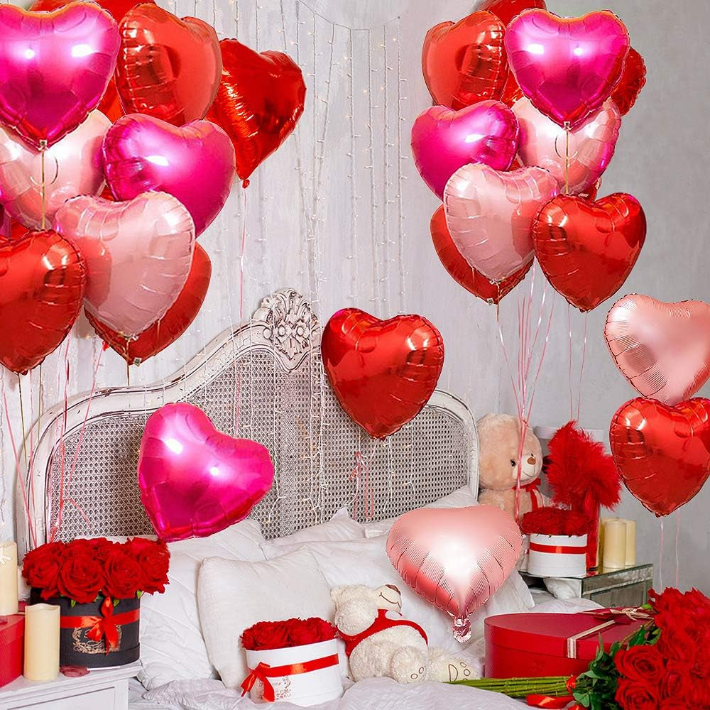 Upgraded Rose Gold and Red Balloons - Pack of 15 - Heart Shaped Foil Balloons for Valentines Day Wedding Birthday Bridal Shower Baby Shower Decorations