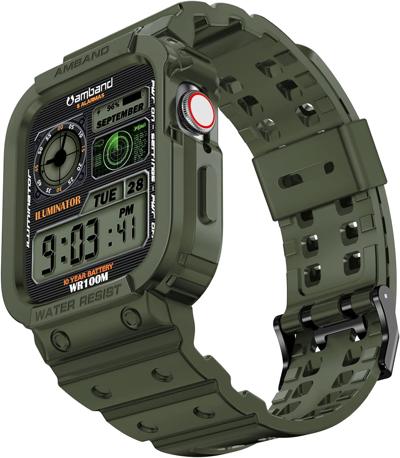 Compatible with Apple Watch Band 45Mm 44Mm 42Mm with Bumper Case, Rugged Men Bands for Iwatch SE Series 9 8 7 6 5 4 3 2 1, Sport Military Protective Cases Drop-Proof Shockproof Green