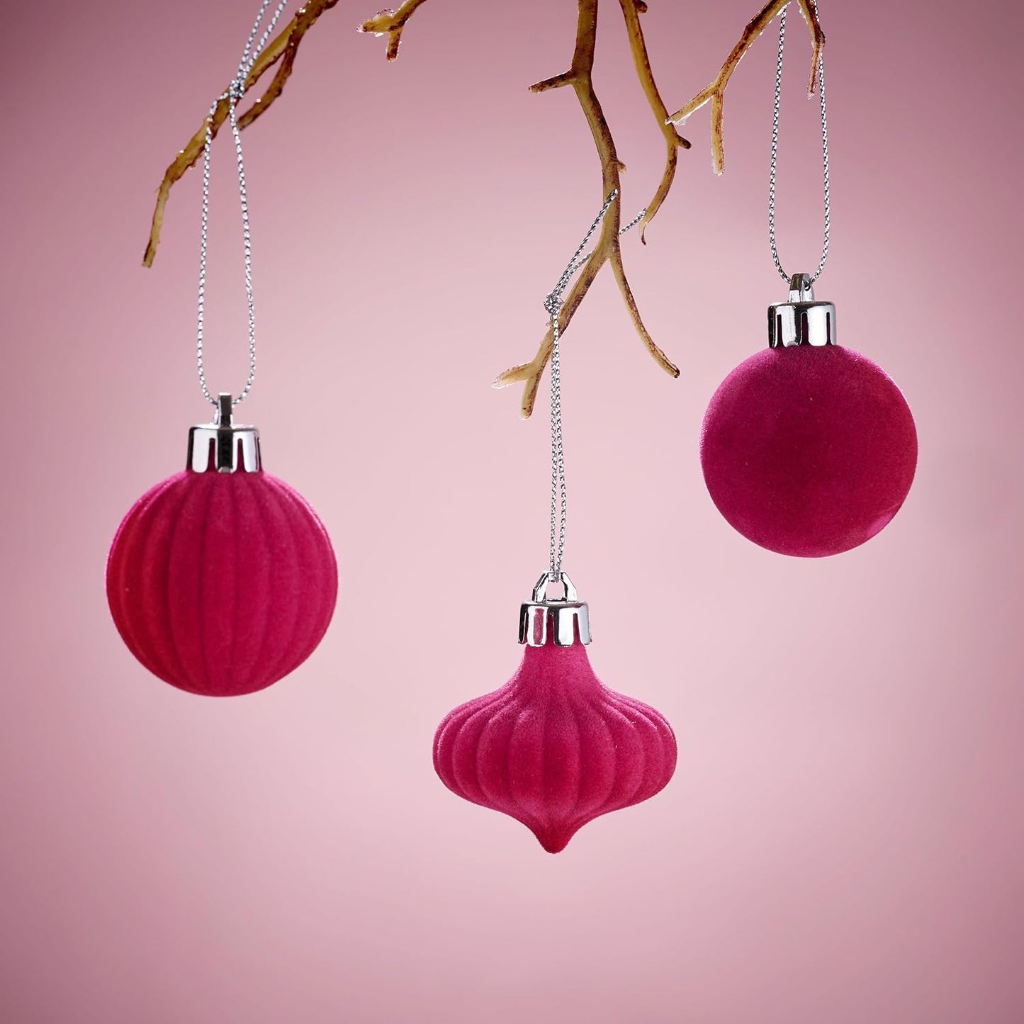 Mini Velvet Christmas Ornaments, 24Ct Hot Pink Small Velvet Ornaments for Christmas Tree, Shatterproof Flocked Christmas Tree Ornaments Decorations for Home, New Year, Valentines Day
